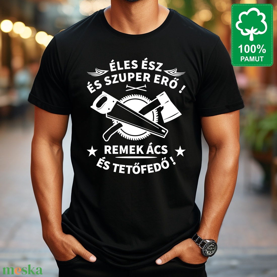 Ácsnak 100% pamut fekete rövid ujjú férfi póló Éles ész és szuper erő! Remek ács és tetőfedő! felirattal - ruha & divat - férfi ruha - póló - Meska.hu