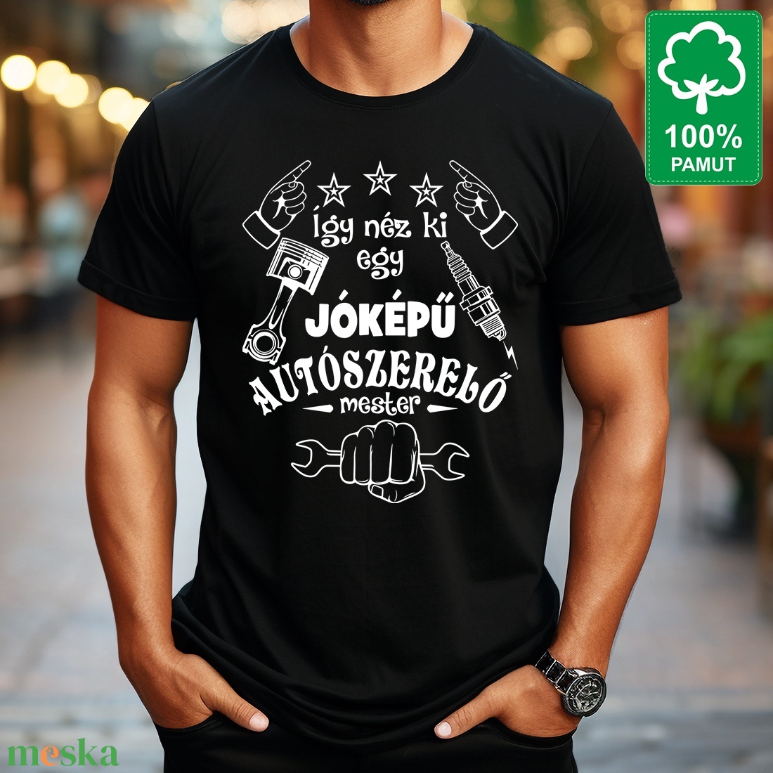 Autószerelőnek 100% pamut fekete rövid ujjú férfi póló Így néz ki egy jóképű autószerelő mester felirattal - ruha & divat - férfi ruha - póló - Meska.hu