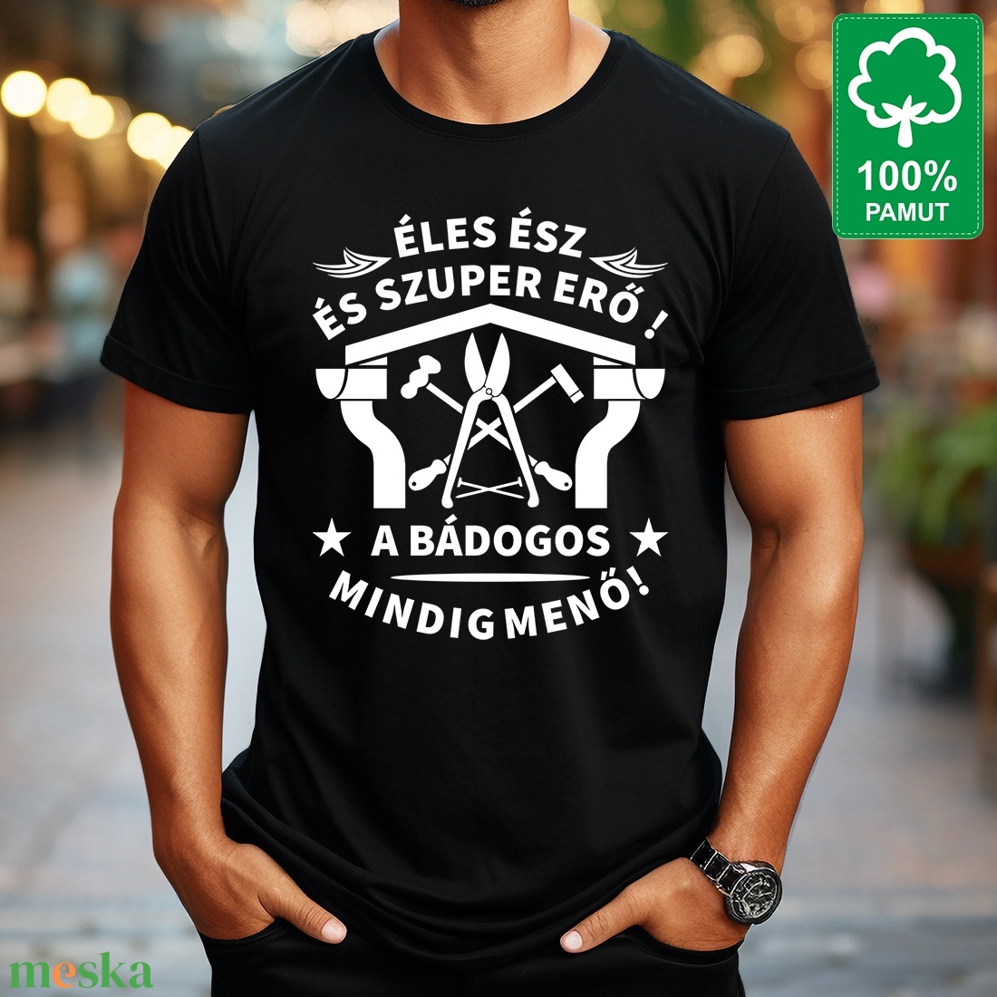 Bádogosnak 100% pamut fekete rövid ujjú férfi póló Éles ész és szuper erő! A bádogos mindig menő! felirattal - ruha & divat - férfi ruha - póló - Meska.hu