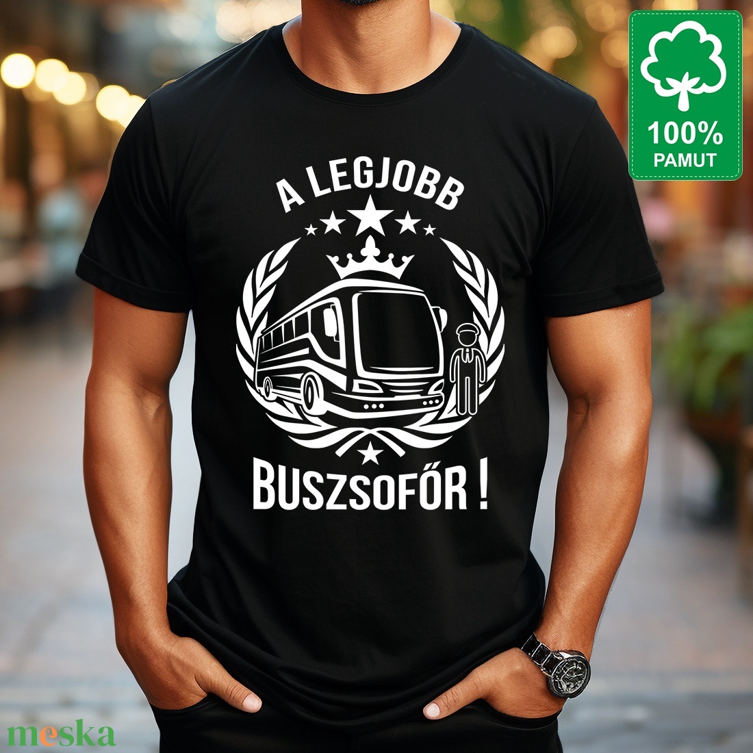 Buszsofőrnek 100% pamut fekete rövid ujjú férfi póló A legjobb buszsofőr felirattal - ruha & divat - férfi ruha - póló - Meska.hu