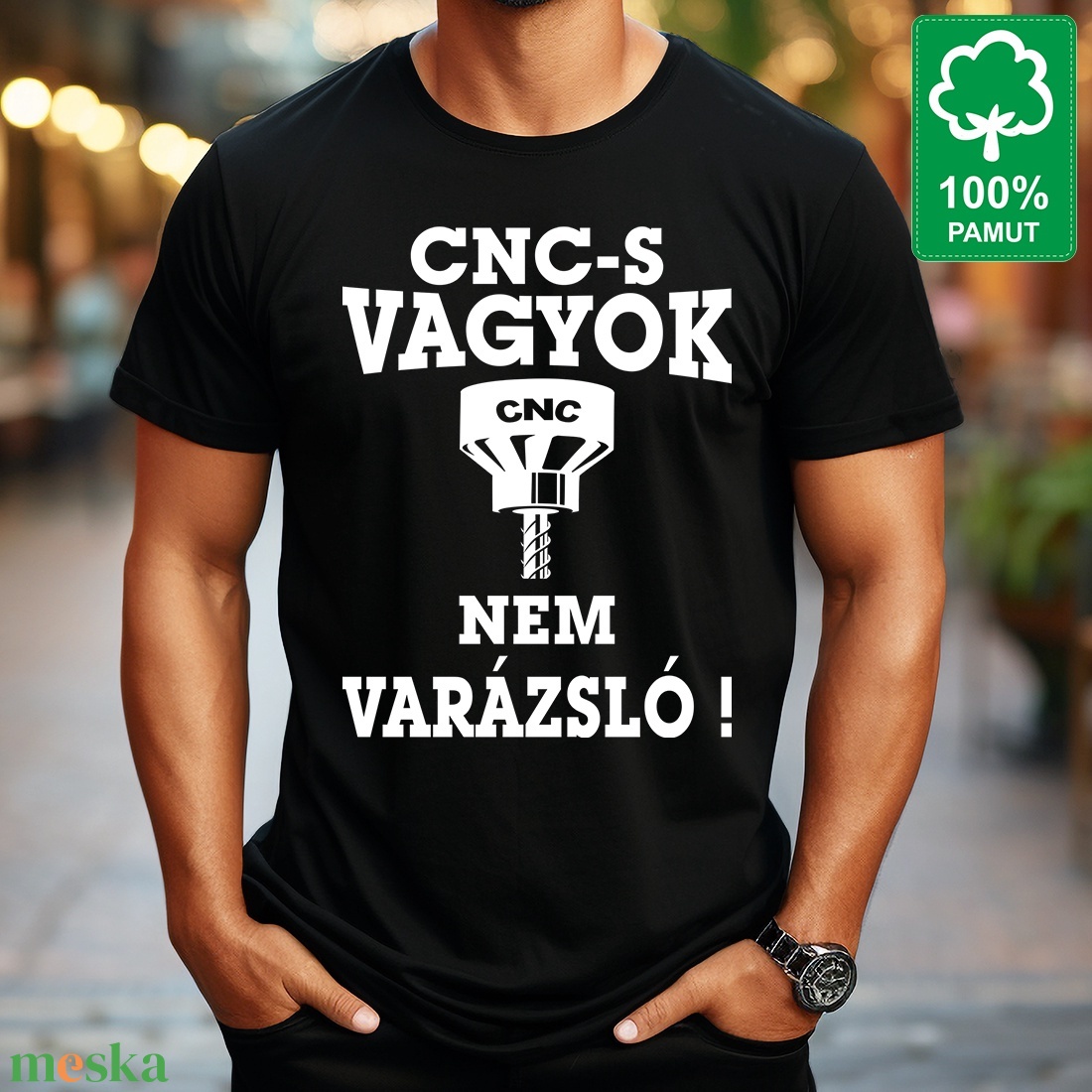 CNC gépkezelőnek 100% pamut fekete rövid ujjú férfi póló CNC-s vagyok nem varázsló felirattal - ruha & divat - férfi ruha - póló - Meska.hu