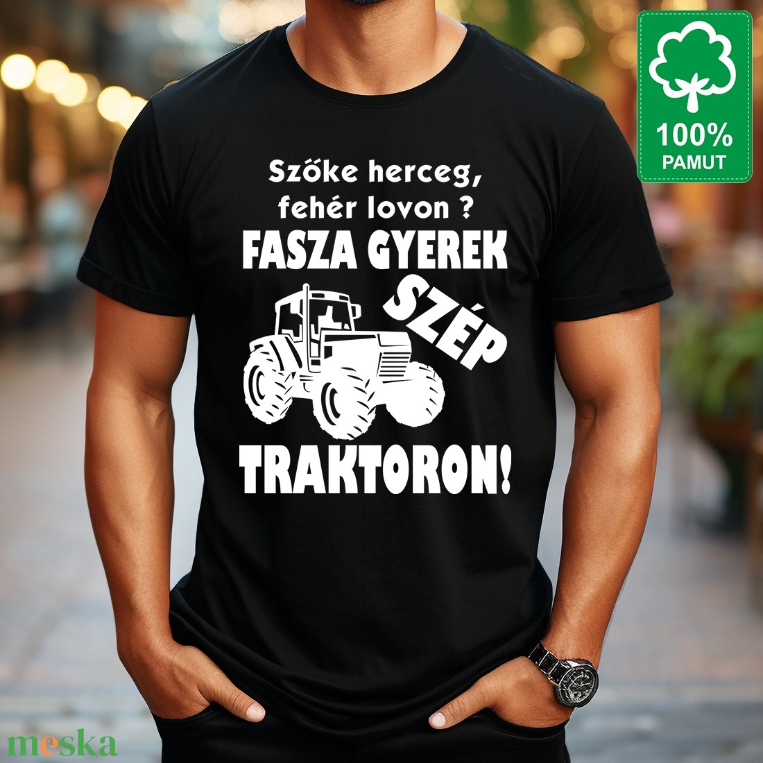 Traktorosnak 100% pamut fekete rövid ujjú férfi póló Szőke herceg fehér lovon? Fasza gyerek szép traktoron! felirattal - ruha & divat - férfi ruha - póló - Meska.hu