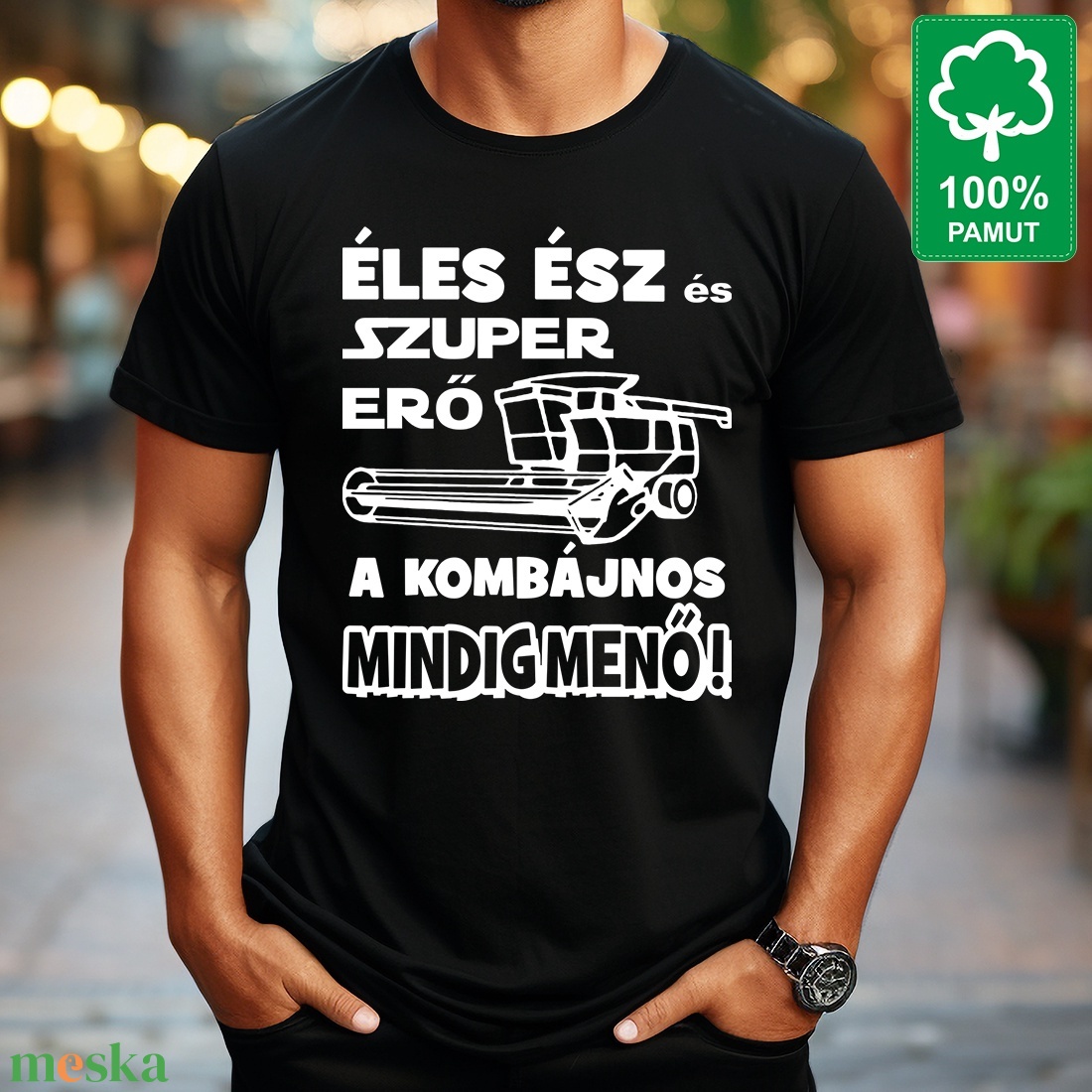 Kombájnosnak 100% pamut fekete rövid ujjú férfi póló Éles ész és szuper erő a kombájnos mindig menő felirattal - ruha & divat - férfi ruha - póló - Meska.hu