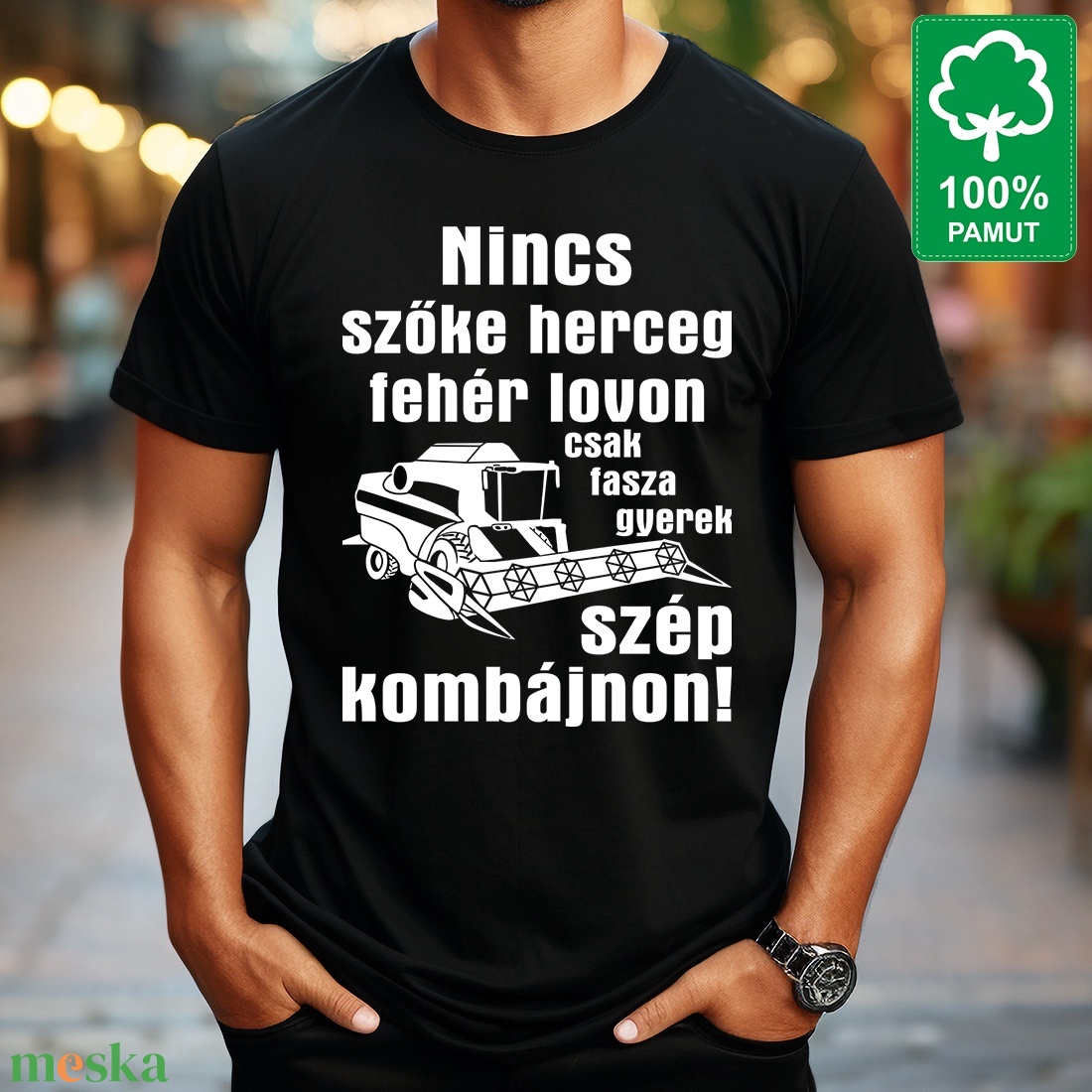 Kombájnosnak 100% pamut fekete rövid ujjú férfi póló Nincs szőke herceg fehér lovon csak fasza gyerek szép kombájnon - ruha & divat - férfi ruha - póló - Meska.hu