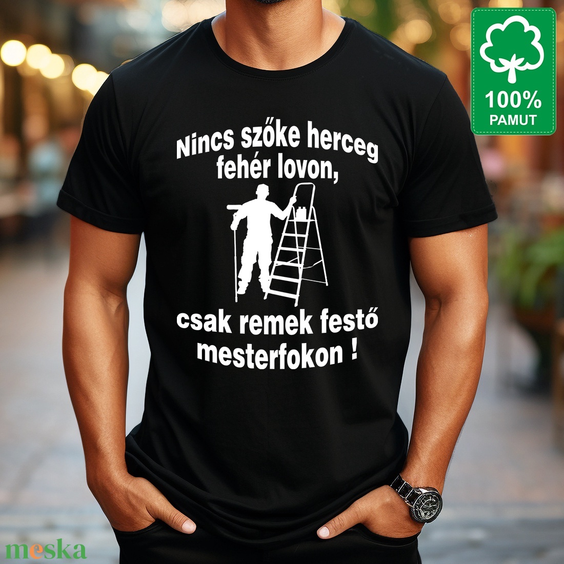 Szobafestőnek 100% pamut fekete rövid ujjú férfi póló Nincs szőke herceg fehér lovon csak remek festő mesterfokon - ruha & divat - férfi ruha - póló - Meska.hu