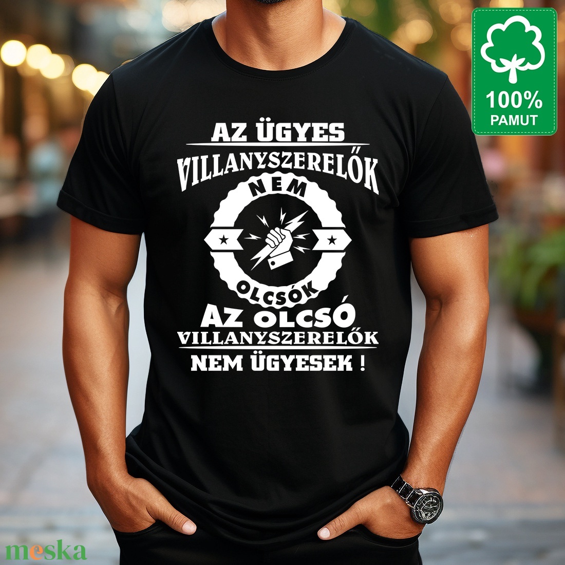Villanyszerelőnek 100% pamut fekete rövid ujjú férfi póló Az ügyes villanyszerelők nem olcsók az olcsó villanyszerelők -  - Meska.hu