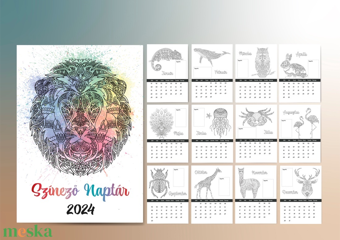 A4 naptár, falinaptár, felnőtt színező, színező naptár, állatos színező, 2024 naptár - otthon & lakás - papír írószer - naptár & tervező - Meska.hu
