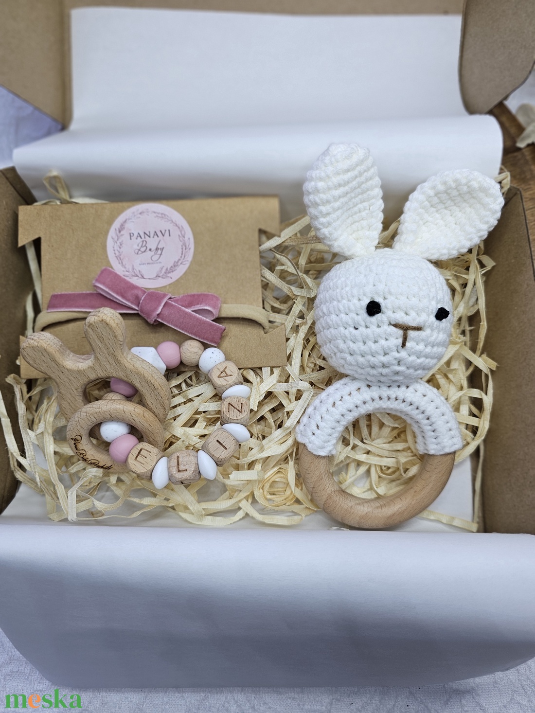 Első ajándékom - Bézs- nyuszi Babaváró ajándék Babaköszöntő ajándékbox  - játék & sport - babalátogató ajándékcsomag - Meska.hu