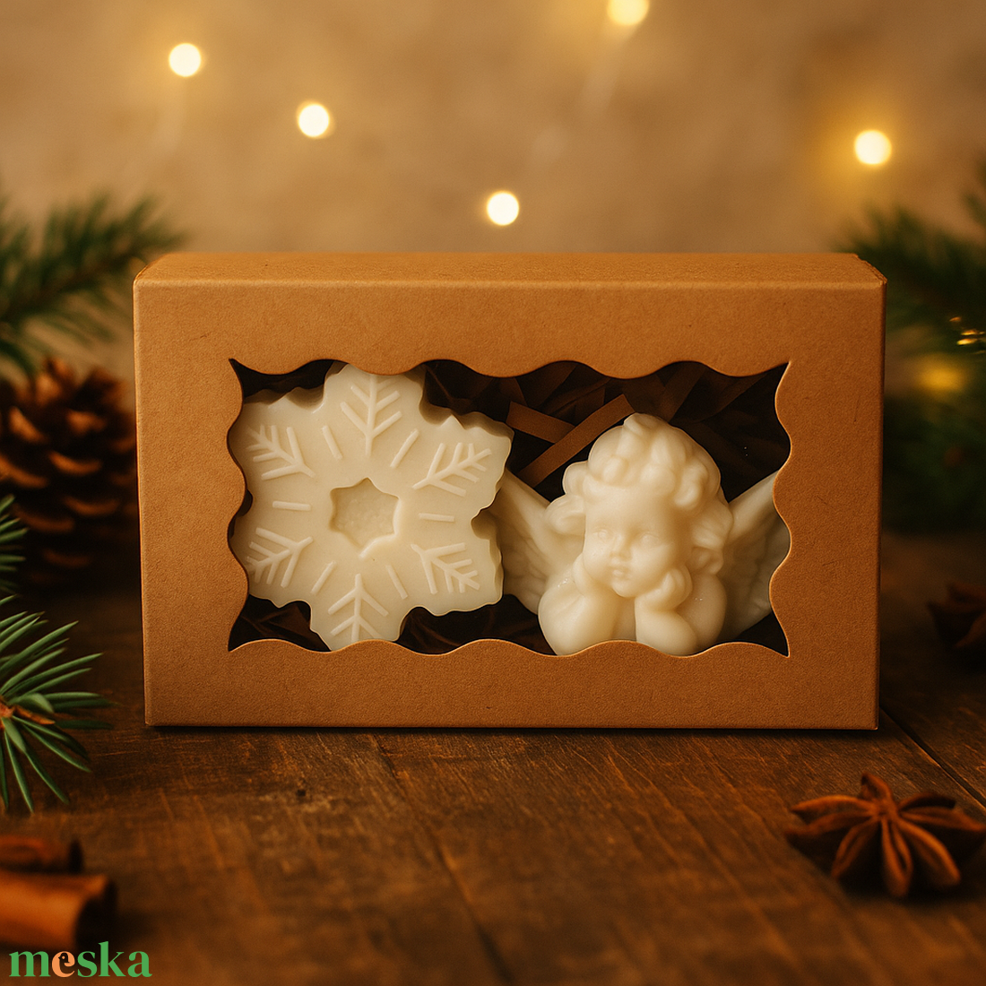 Téli békesség ajándékcsomag � Angyalszárny és Hópehely kézműves gyertya - kellékek & szerszámok - vegyes alapanyag - gyertya alapanyag - szójaviasz gyertya alapanyag - Meska.hu