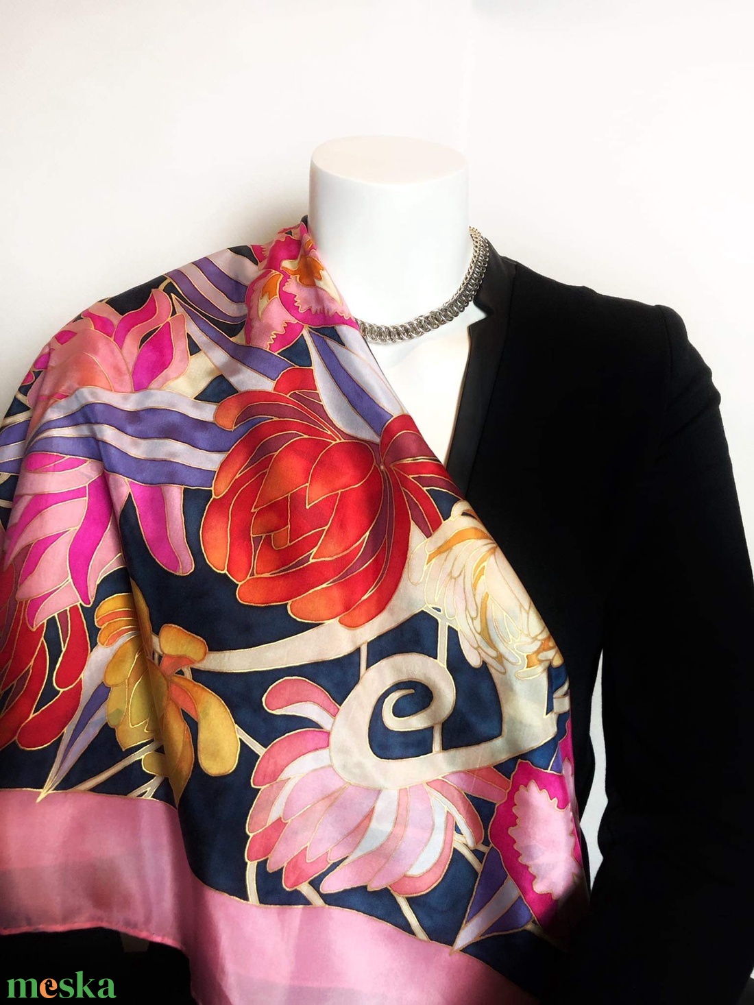 Kézzel festett selyemkendő �Flowers 75x75cm (pongé 8) - ruha & divat - sál, sapka, kendő - vállkendő - Meska.hu