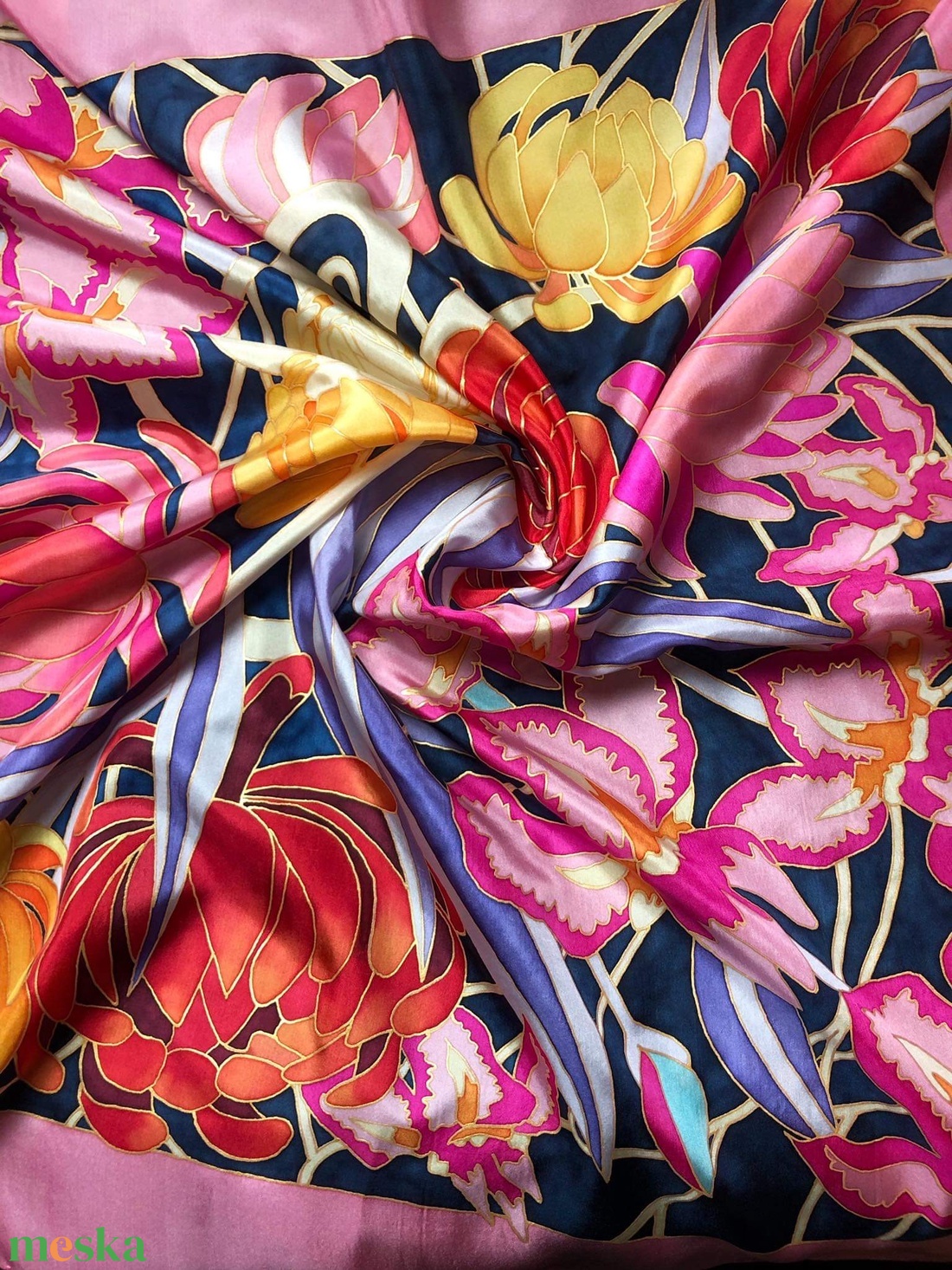 Kézzel festett selyemkendő �Flowers 75x75cm (pongé 8) - ruha & divat - sál, sapka, kendő - vállkendő - Meska.hu