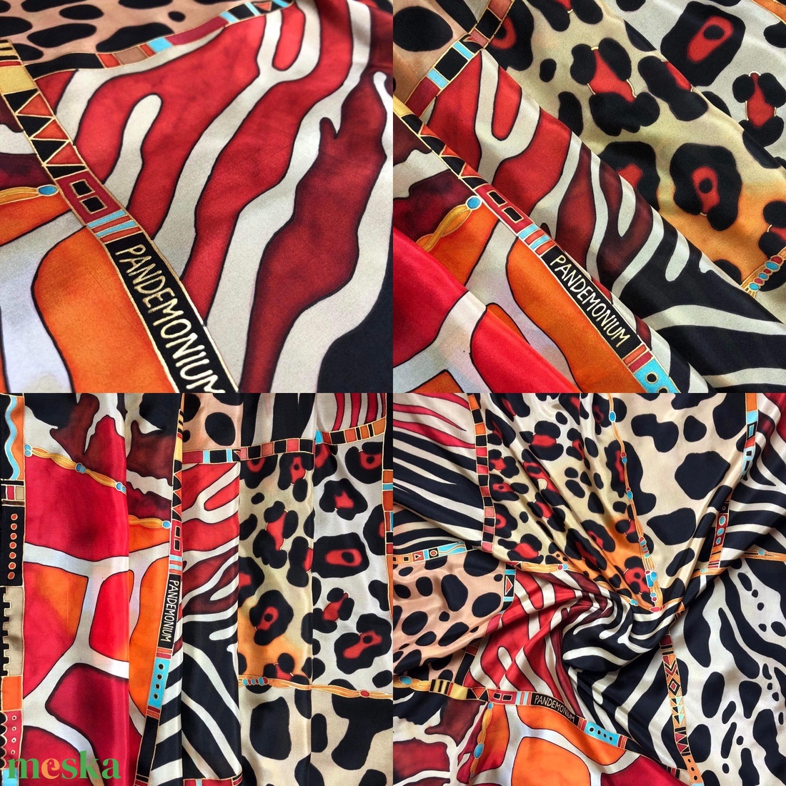 Kézzel festett selyemkendő Animals-red 90x90cm (pongé 8) - ruha & divat - sál, sapka, kendő - vállkendő - Meska.hu