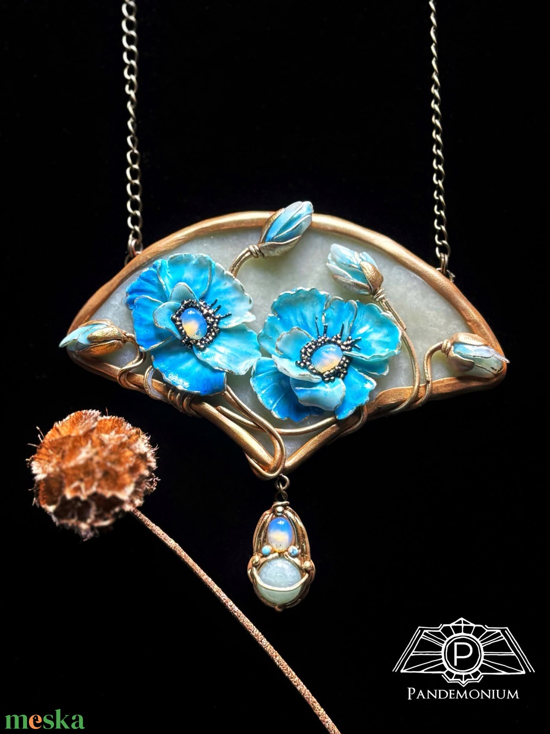 Kék virágos nyaklánc - ékszer - nyaklánc - medálos nyaklánc - Meska.hu