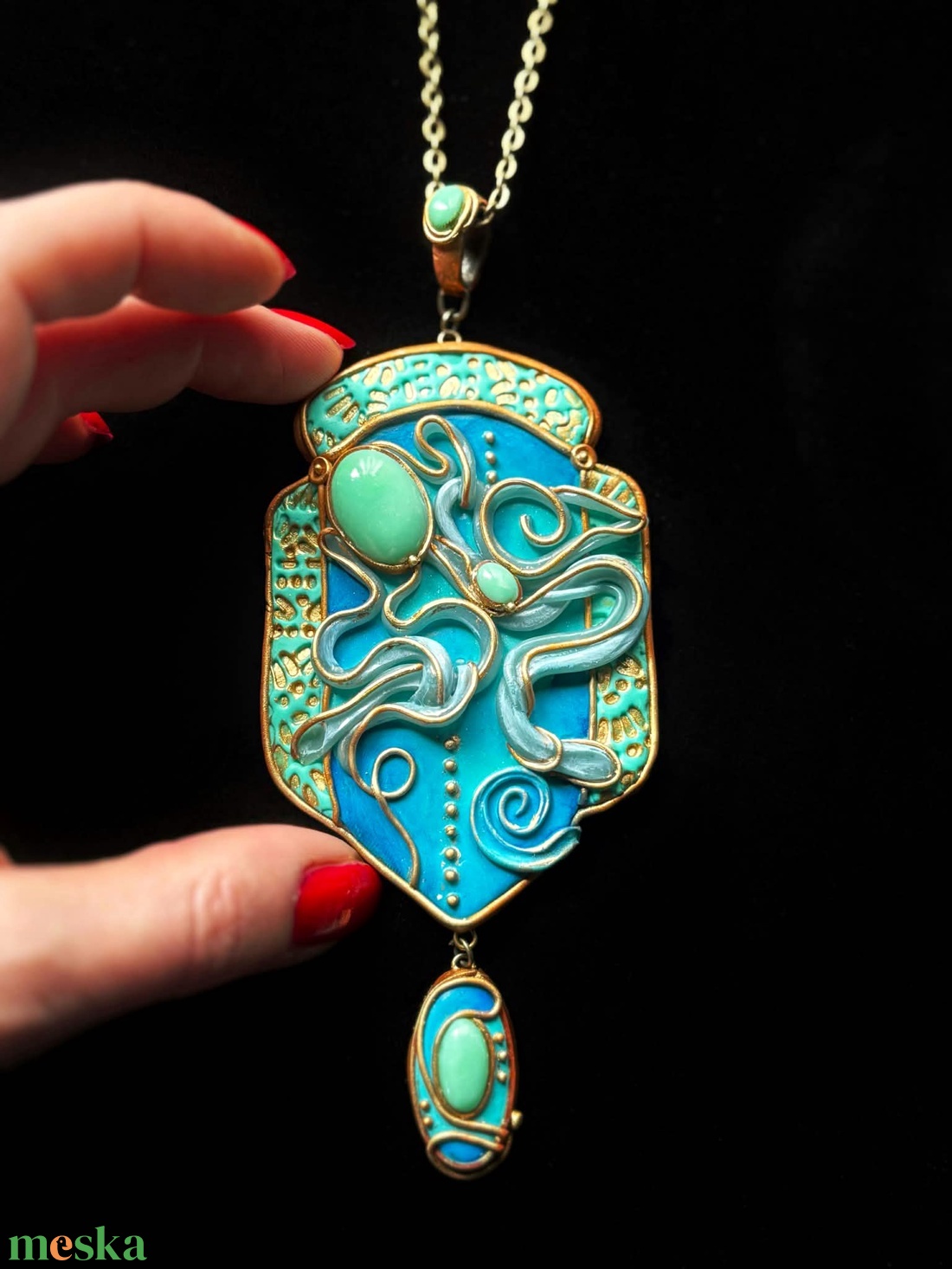 Türkiz-arany nyaklánc - ékszer - nyaklánc - medálos nyaklánc - Meska.hu