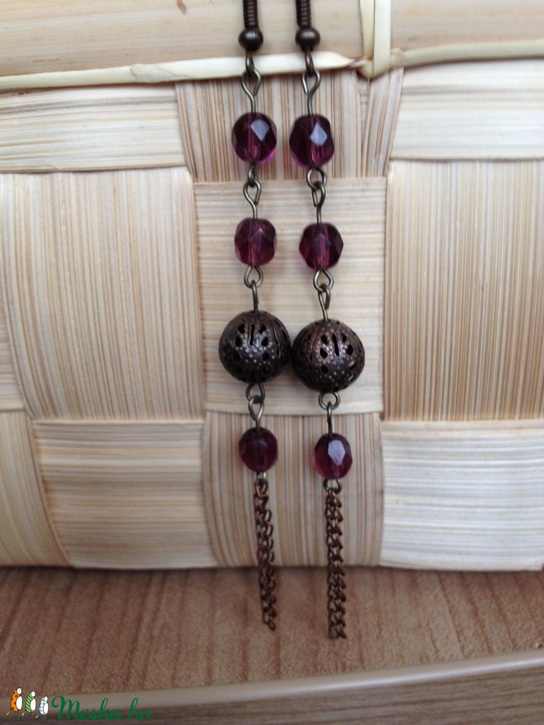 Lila és áttört bronzos hosszú fülbevaló - ékszer - fülbevaló - lógó fülbevaló - Meska.hu