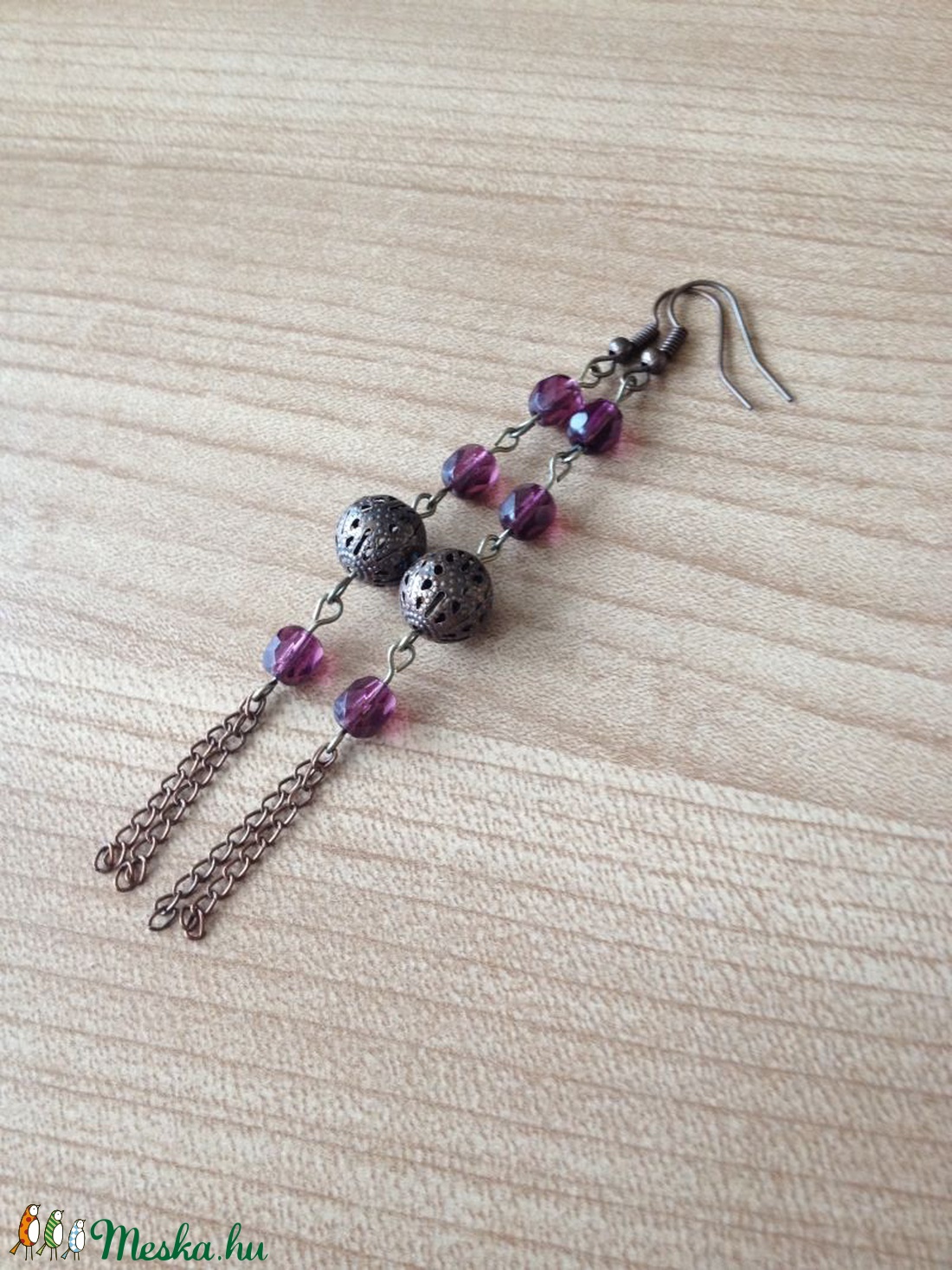 Lila és áttört bronzos hosszú fülbevaló - ékszer - fülbevaló - lógó fülbevaló - Meska.hu