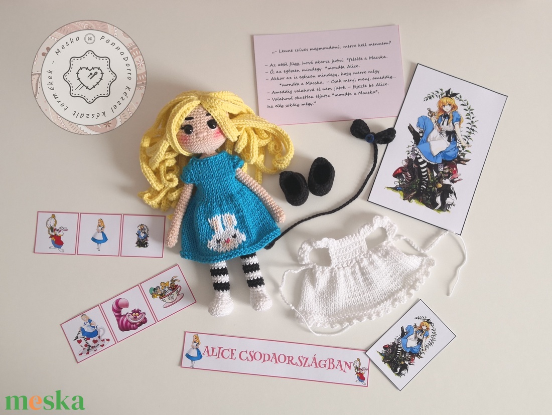 Alice csodaországban horgolt, öltöztethető amigurumi hosszúhajú kislány baba, levehető ruhával, cipővel, játék dekoráció - játék & sport - baba & babaház - öltöztethető baba - Meska.hu