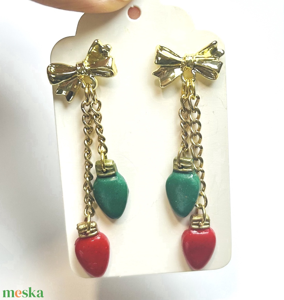 Karácsonyi Fényfüzér  kézműves fülbevaló masnival  - ékszer - fülbevaló - lógó fülbevaló - Meska.hu