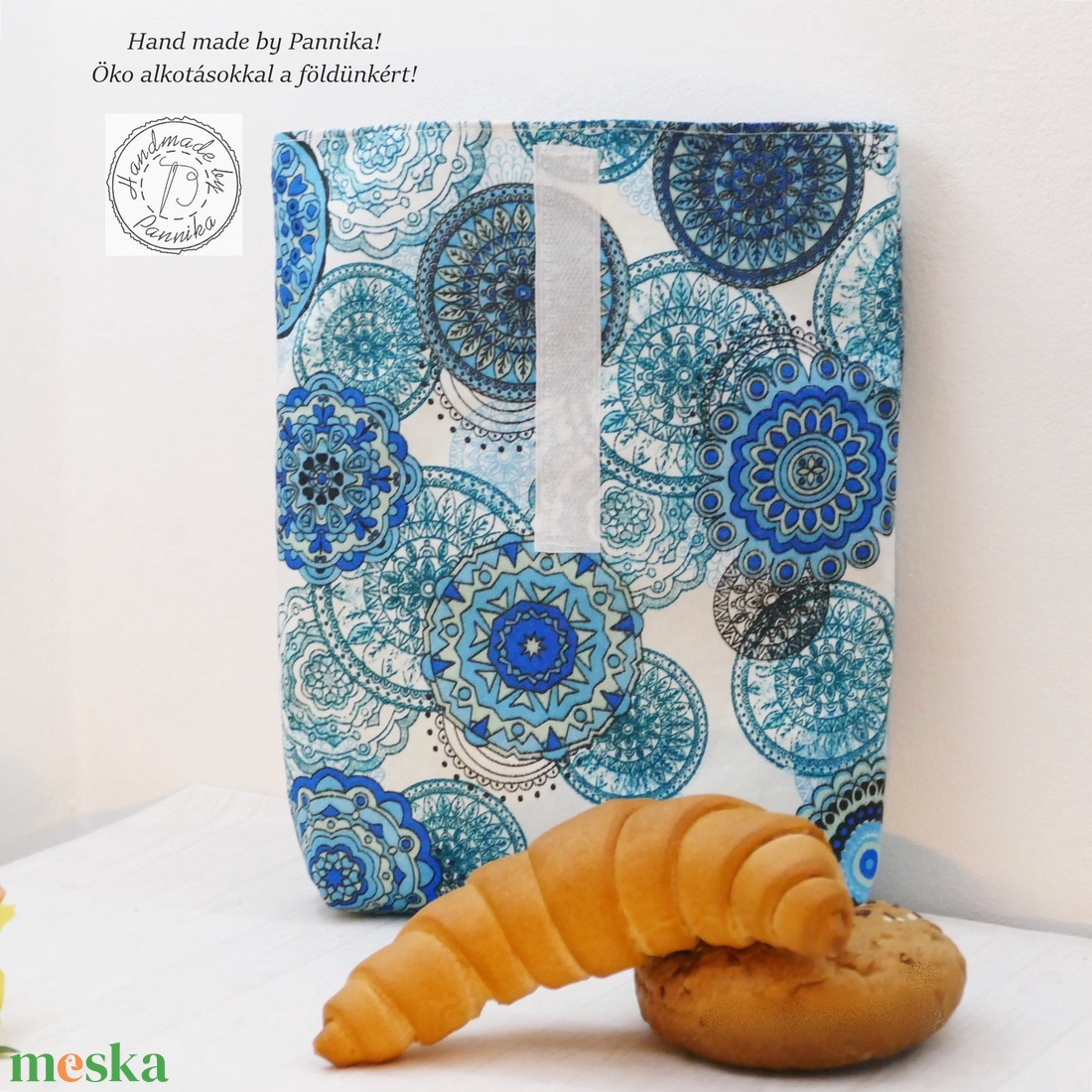 Roll top Uzsonnás, frissentartó tasak (kék mandalák)  szendvicstartó, neszesszer zerowaste tároló - táska & tok - uzsonna- & ebéd tartó - szendvics csomagoló - Meska.hu
