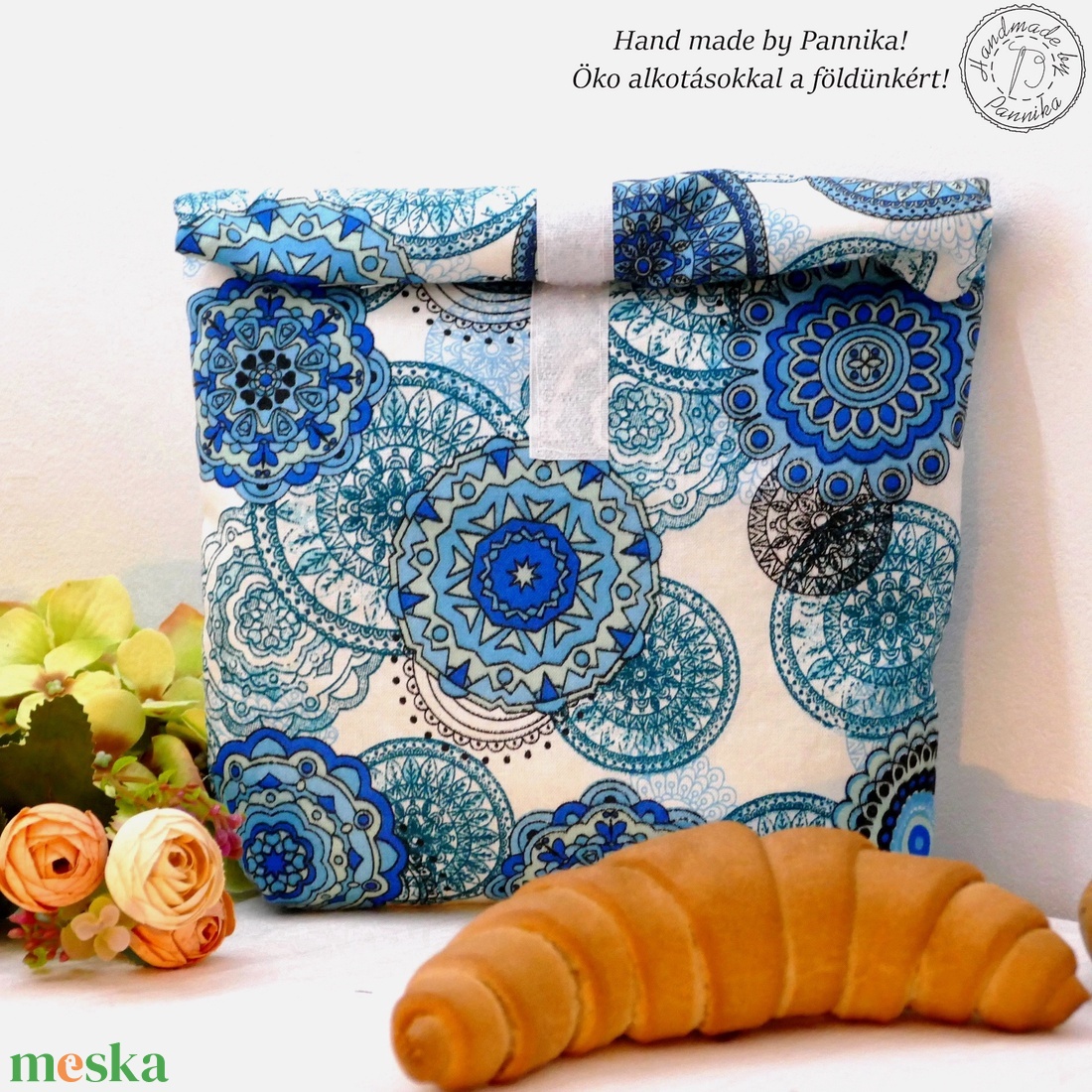 Roll top Uzsonnás, frissentartó tasak (kék mandalák)  szendvicstartó, neszesszer zerowaste tároló - táska & tok - uzsonna- & ebéd tartó - szendvics csomagoló - Meska.hu