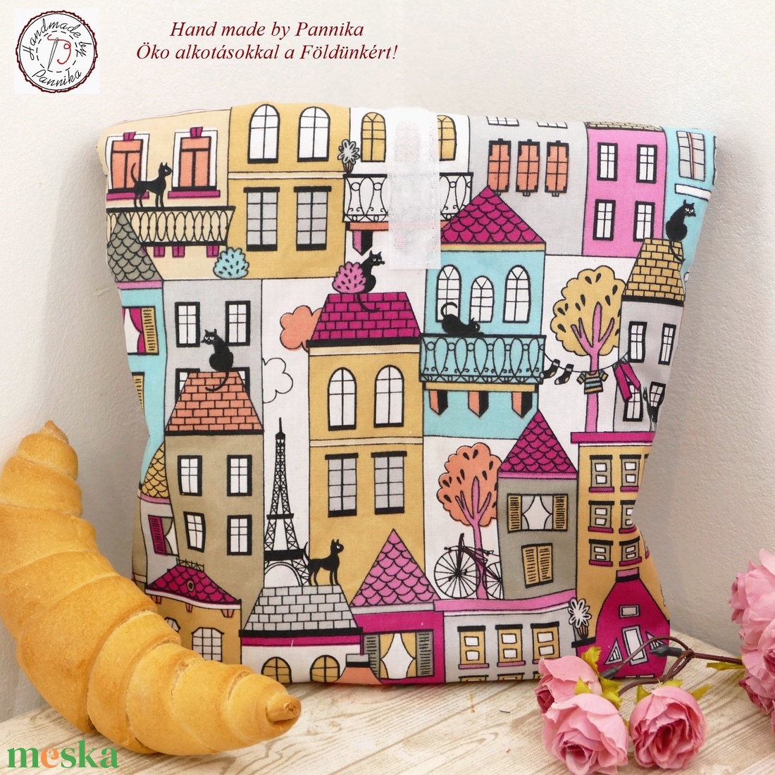 Roll top Uzsonnás, frissentartó tasak (párizsi cicák) - táska & tok - uzsonna- & ebéd tartó - szendvics csomagoló - Meska.hu