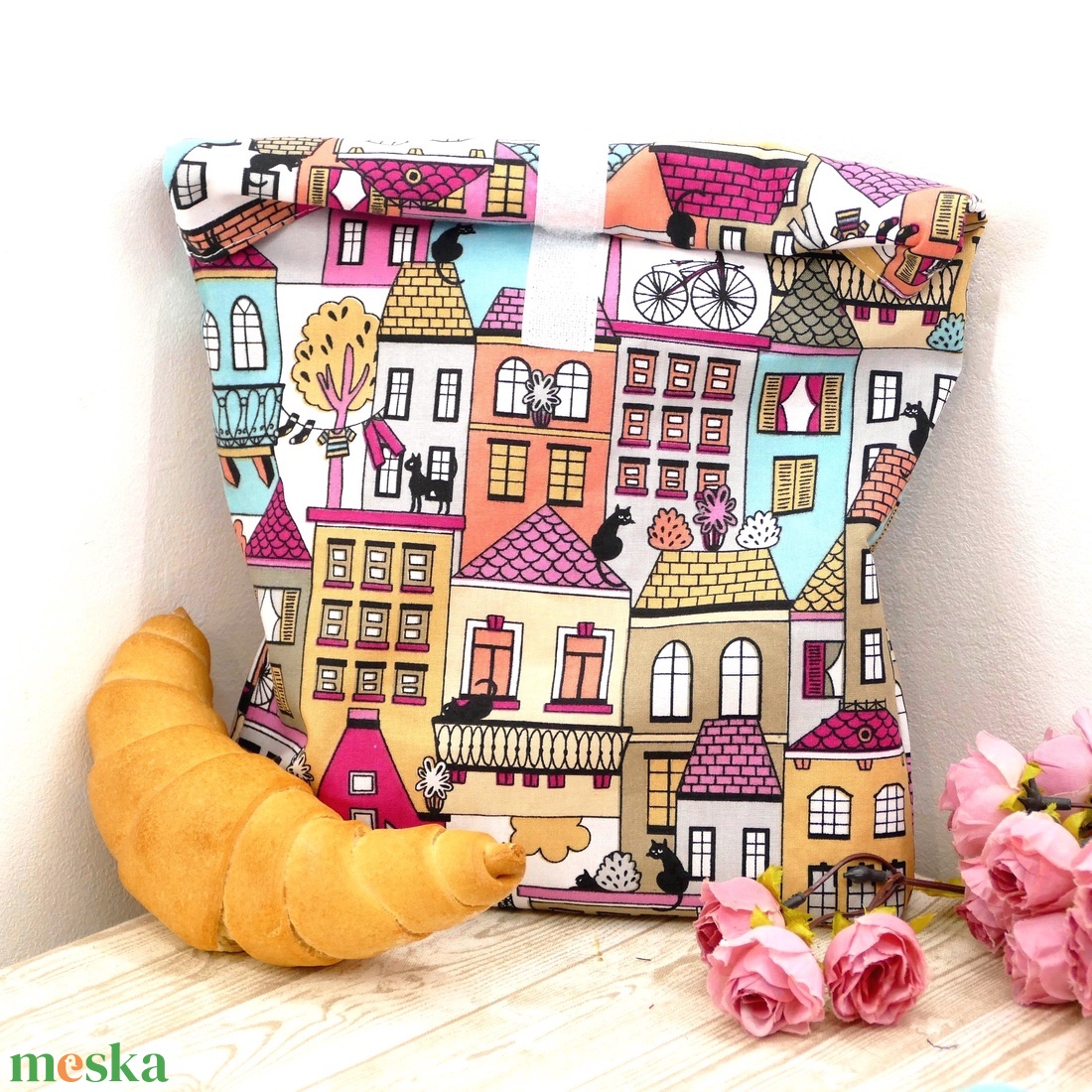 Roll top Uzsonnás, frissentartó tasak (párizsi cicák) - táska & tok - uzsonna- & ebéd tartó - szendvics csomagoló - Meska.hu