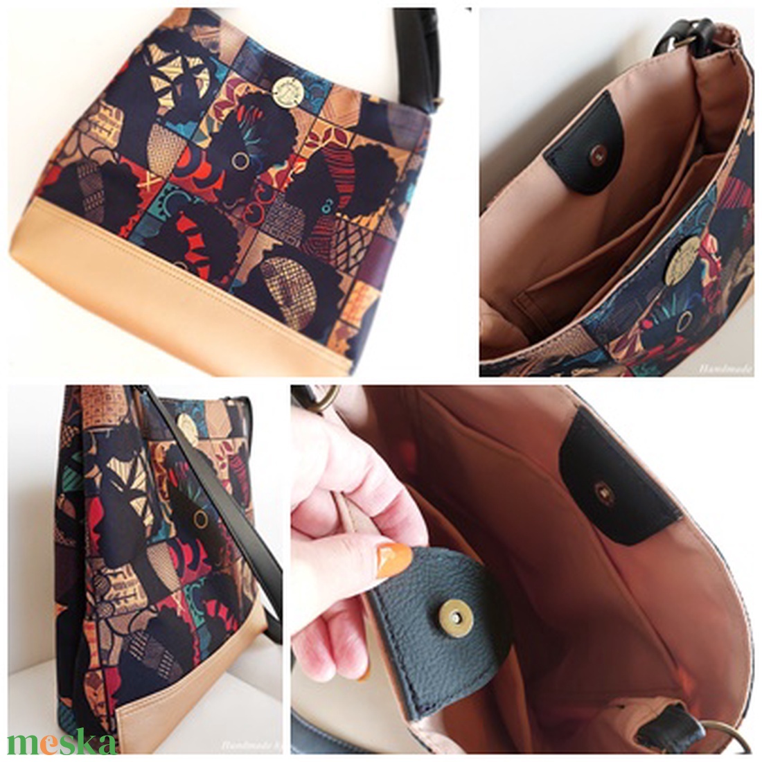Afrikai mintás Kézműves Válltáska  Női Arany Aljú Egyedi Darab ( Valódi bőr részekkel ) - táska & tok - kézitáska & válltáska - válltáska - Meska.hu