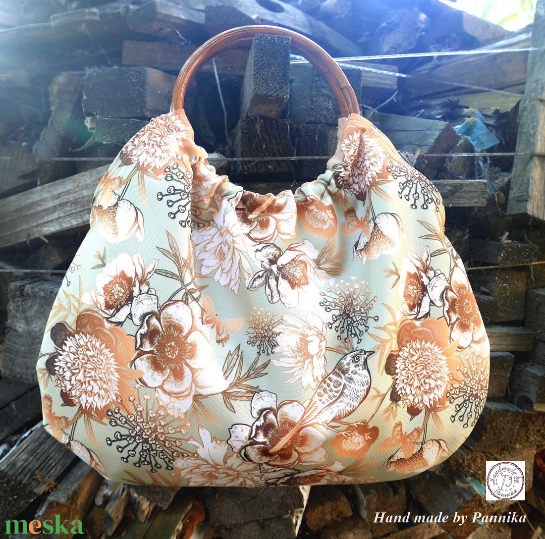 Bambuszfülű virágos, madárkás táska - táska & tok - kézitáska & válltáska - kézitáska - Meska.hu