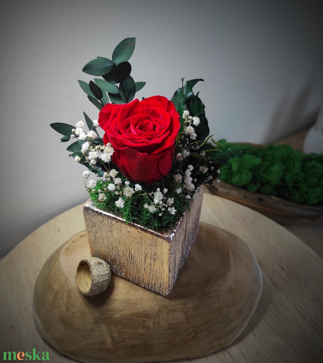 Elegáns rózsa mini dísz króm kaspóban tartósított eukaliptusz, izlandi zuzmó - otthon & életmód - dekoráció - asztal és polc dekoráció - zuzmódekoráció, mohadekoráció - Meska.hu