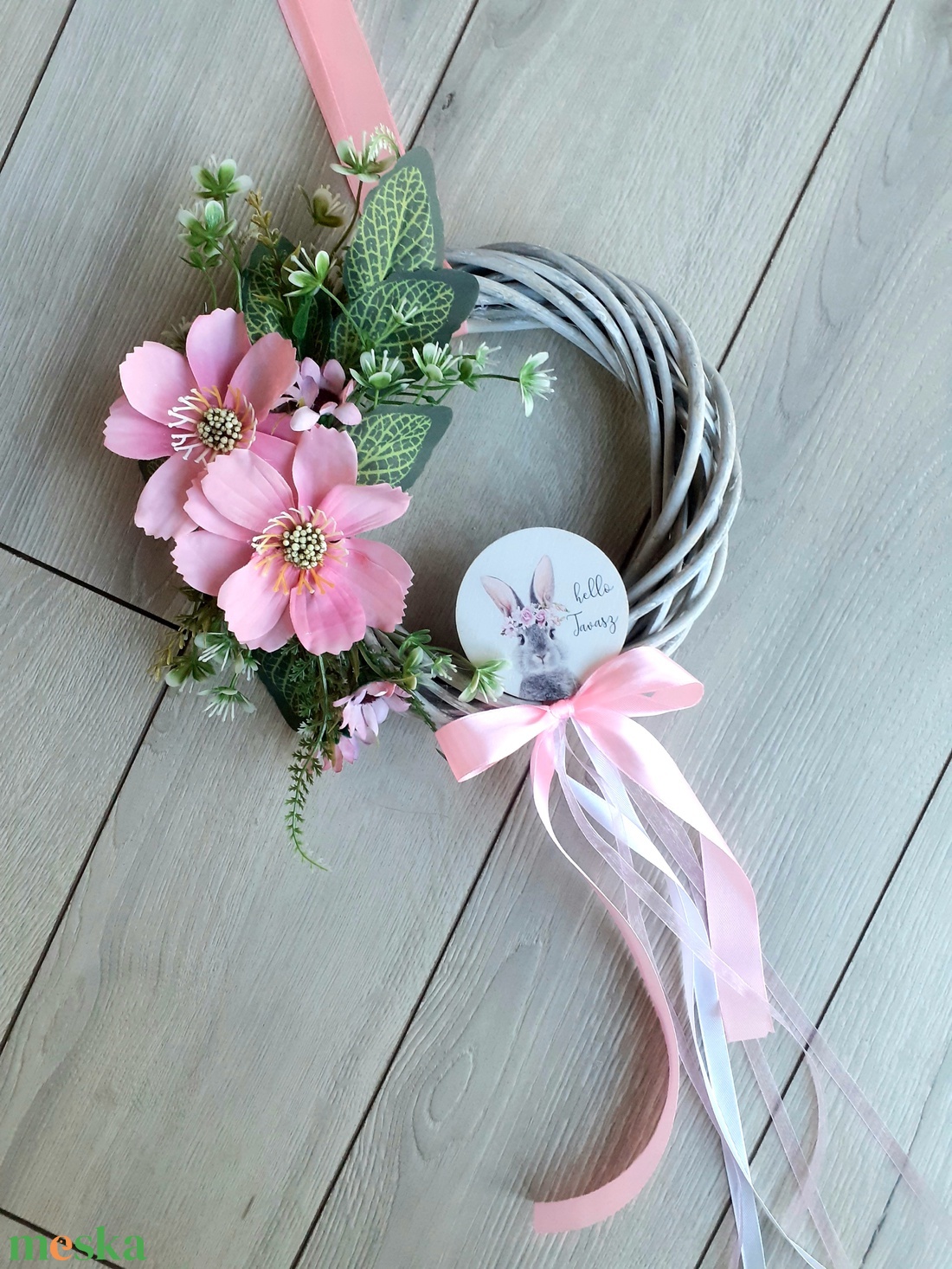 Nyuszis rózsaszín zinnia kopogtató, ajtódísz hello tavasz - otthon & életmód - dekoráció - ajtó- és ablak dekoráció - ajtódísz & kopogtató - Meska.hu