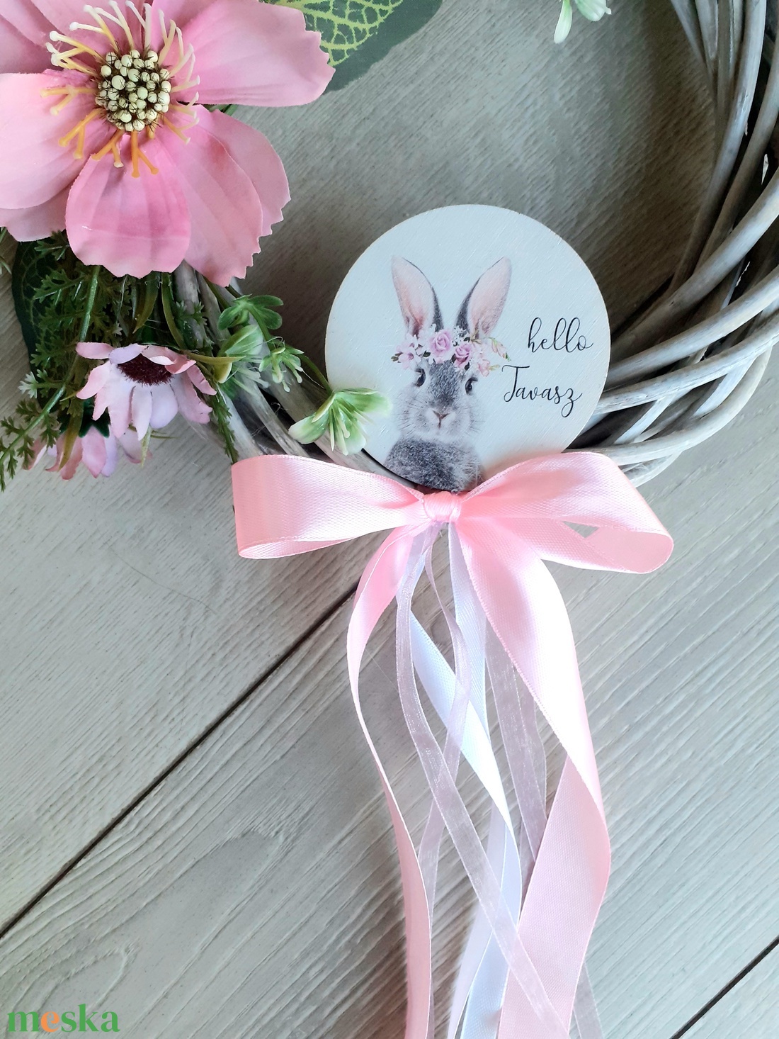 Nyuszis rózsaszín zinnia kopogtató, ajtódísz hello tavasz - otthon & életmód - dekoráció - ajtó- és ablak dekoráció - ajtódísz & kopogtató - Meska.hu