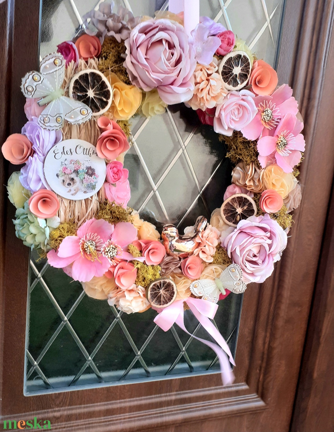 Sünis Óriási, madárkás ajtódísz, kopogtató, koszorú 42cm, sárga és rózsaszín - otthon & életmód - dekoráció - ajtó- és ablak dekoráció - ajtódísz & kopogtató - Meska.hu