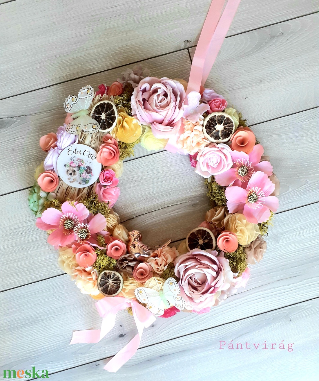 Sünis Óriási, madárkás ajtódísz, kopogtató, koszorú 42cm, sárga és rózsaszín - otthon & életmód - dekoráció - ajtó- és ablak dekoráció - ajtódísz & kopogtató - Meska.hu