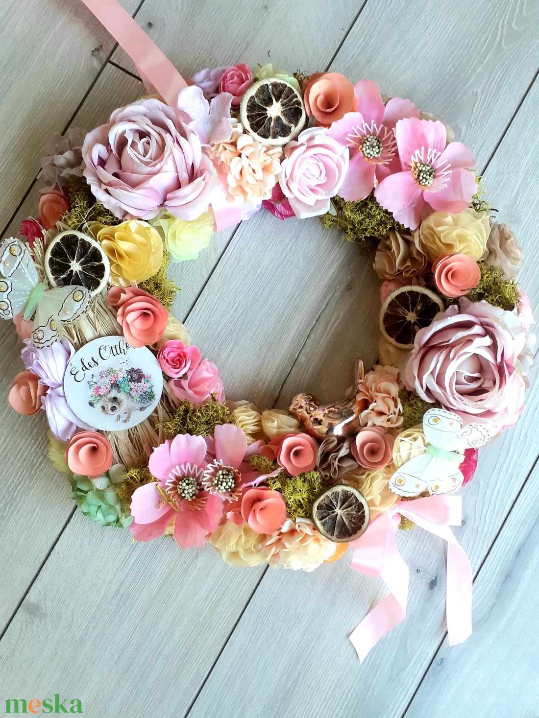 Sünis Óriási, madárkás ajtódísz, kopogtató, koszorú 42cm, sárga és rózsaszín - otthon & életmód - dekoráció - ajtó- és ablak dekoráció - ajtódísz & kopogtató - Meska.hu