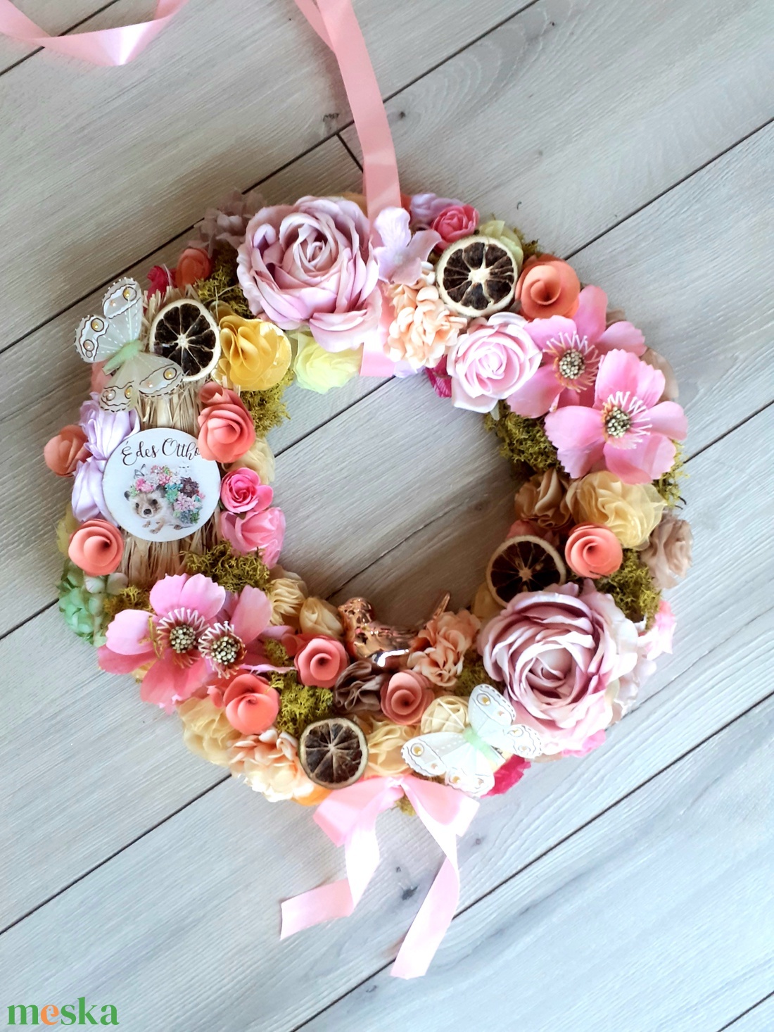 Sünis Óriási, madárkás ajtódísz, kopogtató, koszorú 42cm, sárga és rózsaszín - otthon & életmód - dekoráció - ajtó- és ablak dekoráció - ajtódísz & kopogtató - Meska.hu