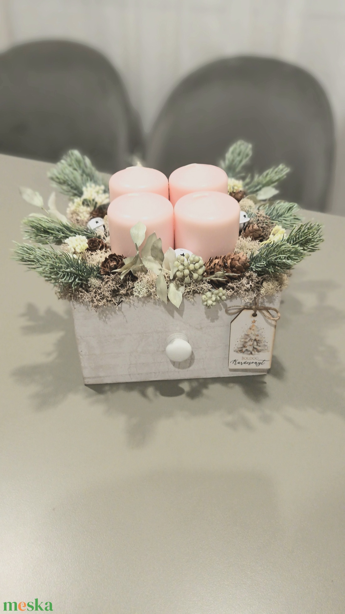 Pasztell rózsaszín és krém adventi asztaldísz  - karácsony - adventi díszek - adventi gyertyadíszek és koszorúdíszek - Meska.hu