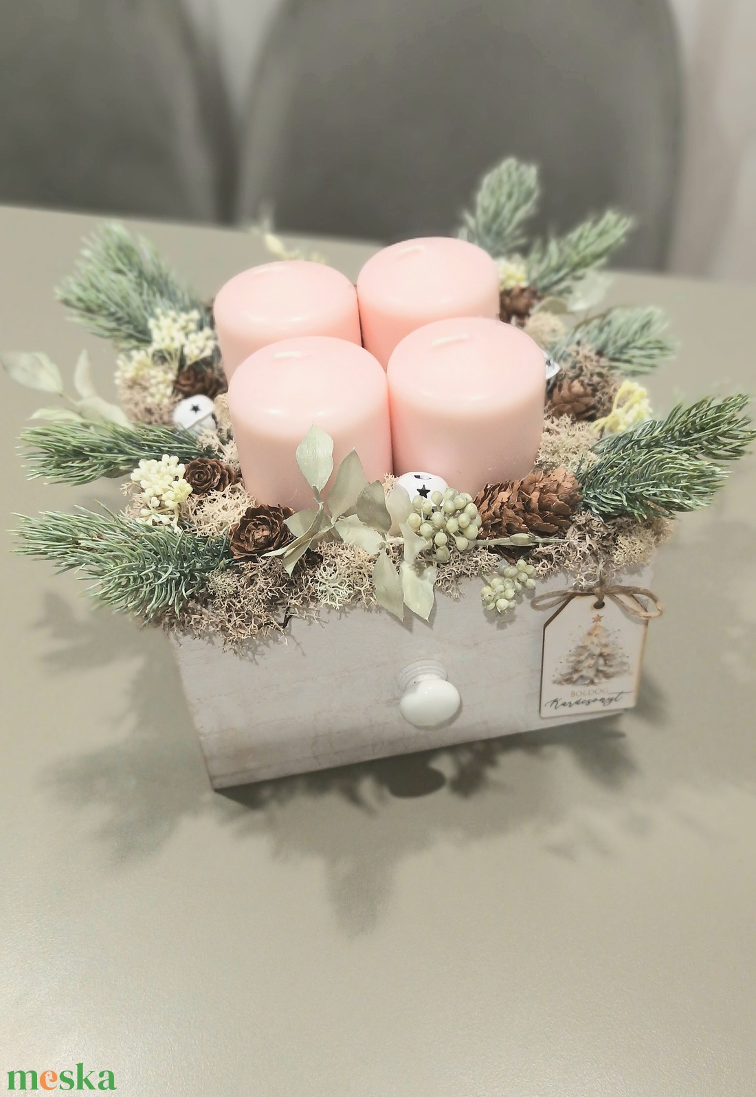 Pasztell rózsaszín és krém adventi asztaldísz  - karácsony - adventi díszek - adventi gyertyadíszek és koszorúdíszek - Meska.hu
