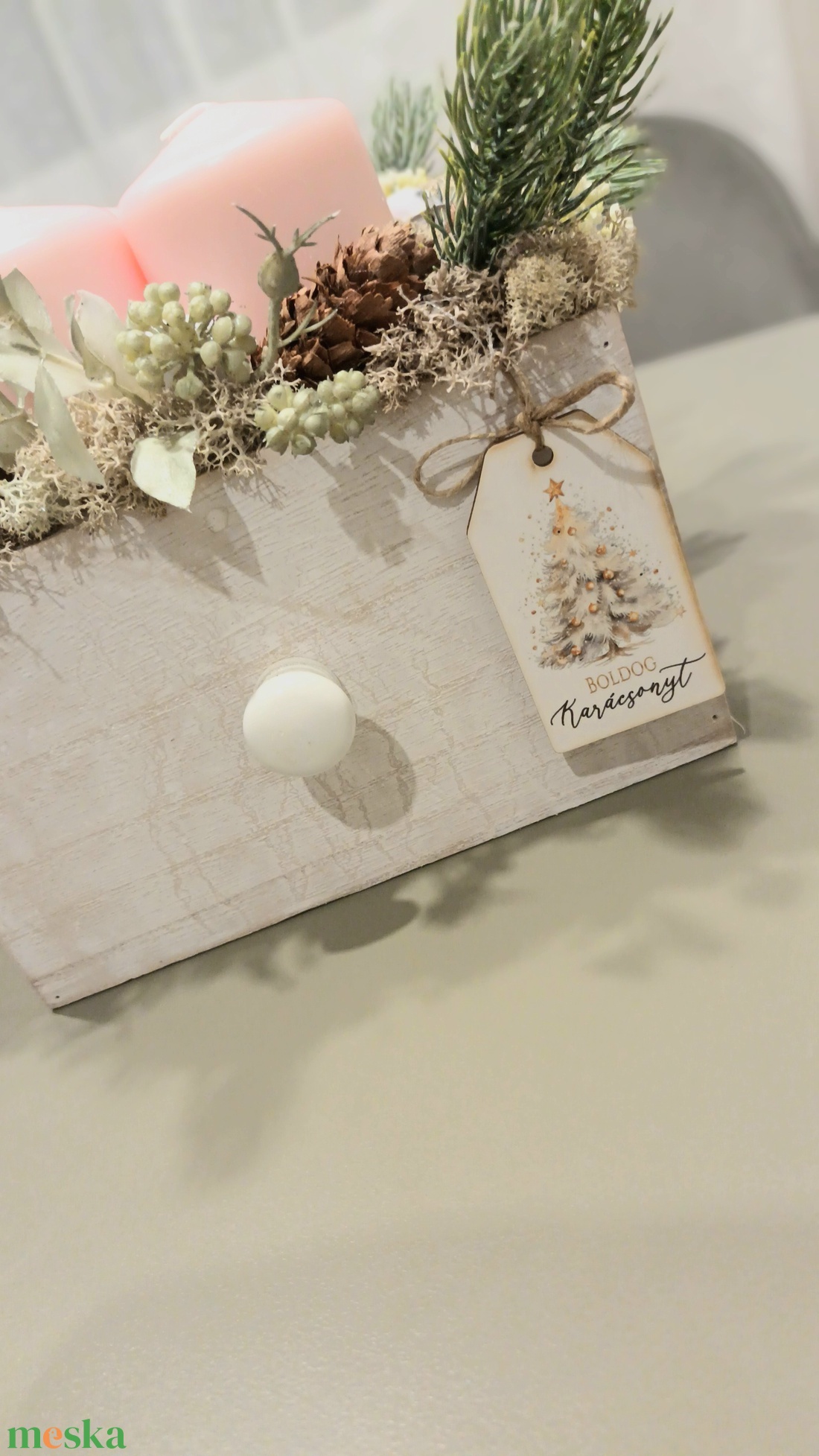 Pasztell rózsaszín és krém adventi asztaldísz  - karácsony - adventi díszek - adventi gyertyadíszek és koszorúdíszek - Meska.hu