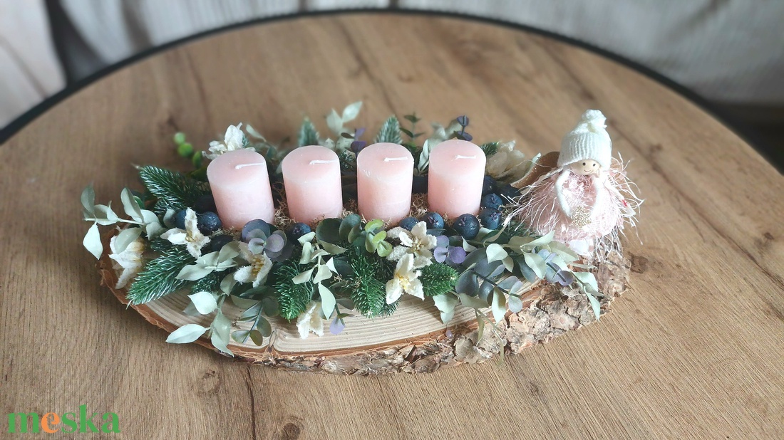 Rózsaszín angyalkás asztaldísz, adventi - karácsony - adventi díszek - adventi asztaldísz - Meska.hu