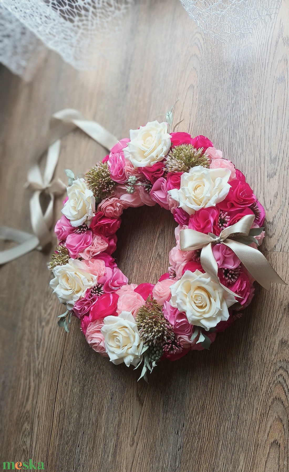 Rózsa selyemvirág kopogtató - otthon & életmód - dekoráció - ajtó- és ablak dekoráció - ajtódísz & kopogtató - Meska.hu