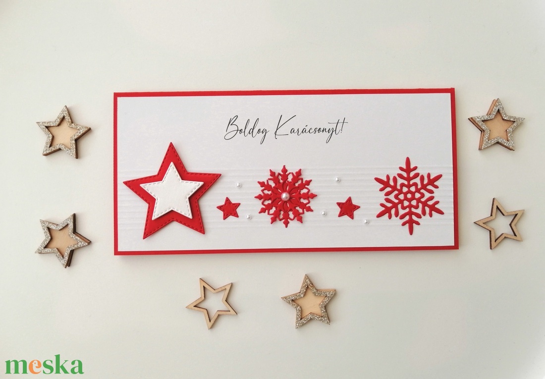 Karácsonyi pénzátadó boríték - piros csillagos, hópihés - karácsony - karácsonyi ajándékozás - karácsonyi képeslap, üdvözlőlap, ajándékkísérő - Meska.hu