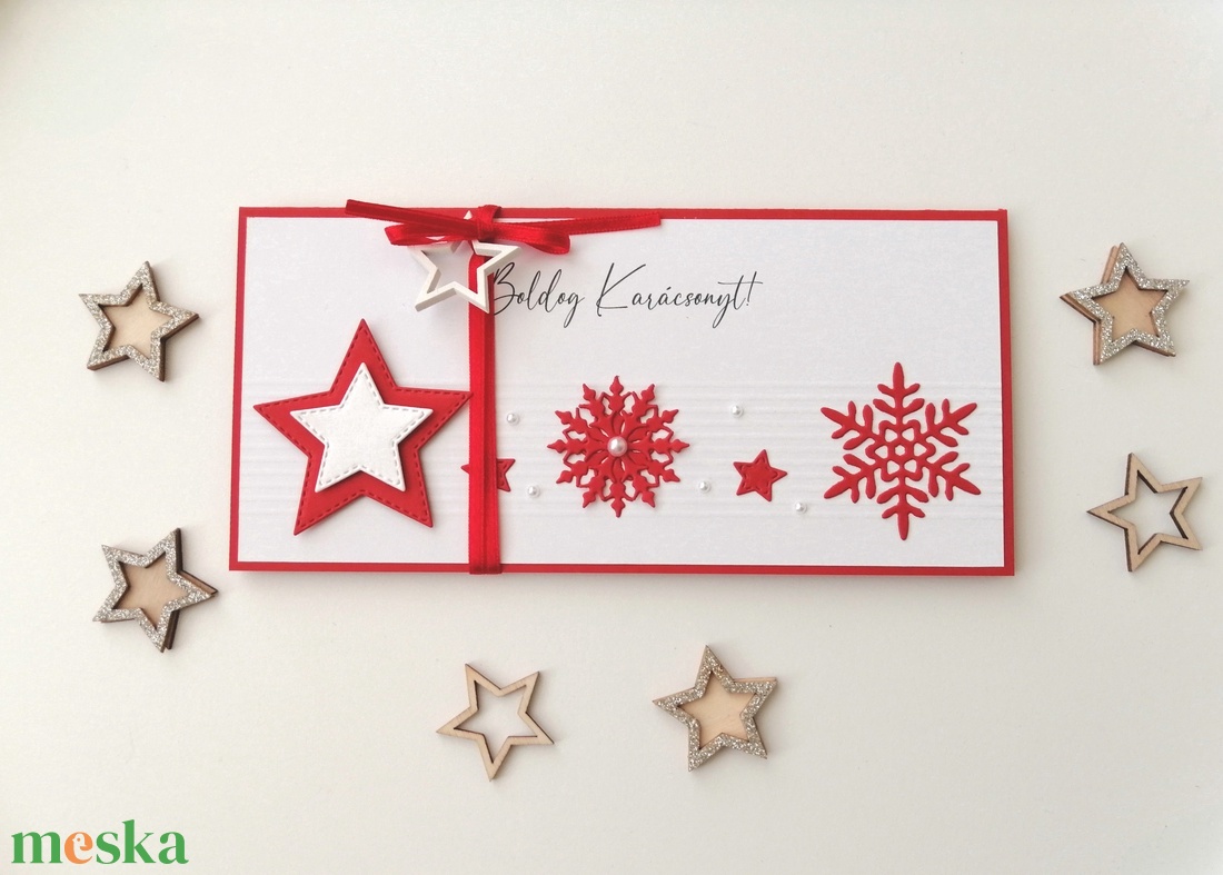 Karácsonyi pénzátadó boríték - piros csillagos, hópihés - karácsony - karácsonyi ajándékozás - karácsonyi képeslap, üdvözlőlap, ajándékkísérő - Meska.hu