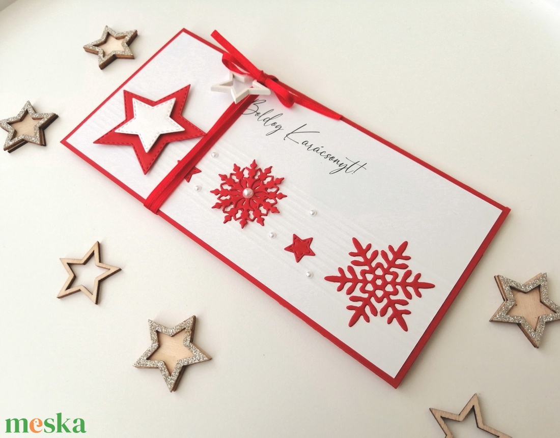 Karácsonyi pénzátadó boríték - piros csillagos, hópihés - karácsony - karácsonyi ajándékozás - karácsonyi képeslap, üdvözlőlap, ajándékkísérő - Meska.hu