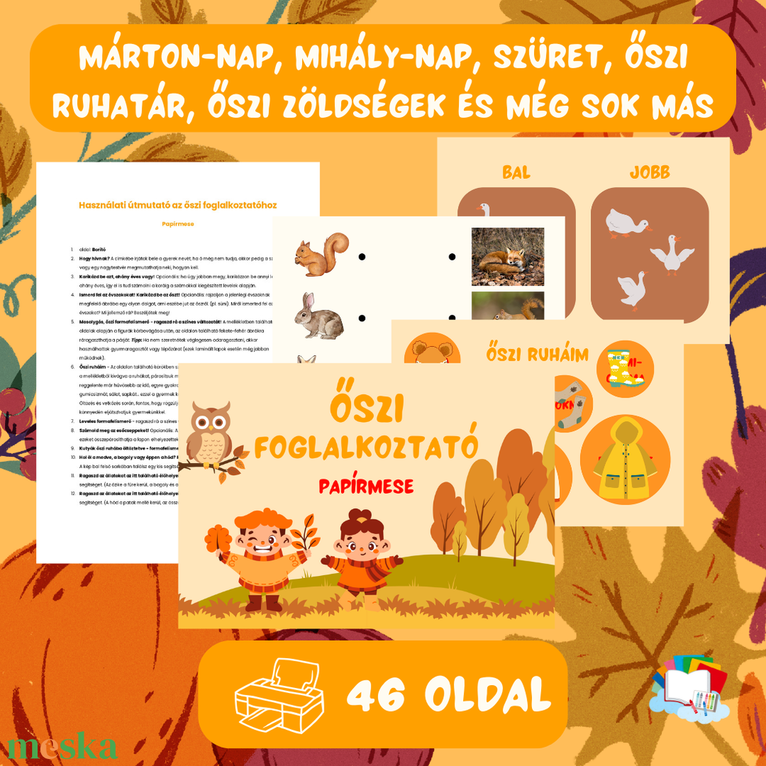 ŐSZI foglalkoztató (digitális, nyomtatható) / 46 oldalas / 3-5 éves gyermekeknek oktató és szórakoztató füzet - művészet - grafika & illusztráció - digitális - Meska.hu