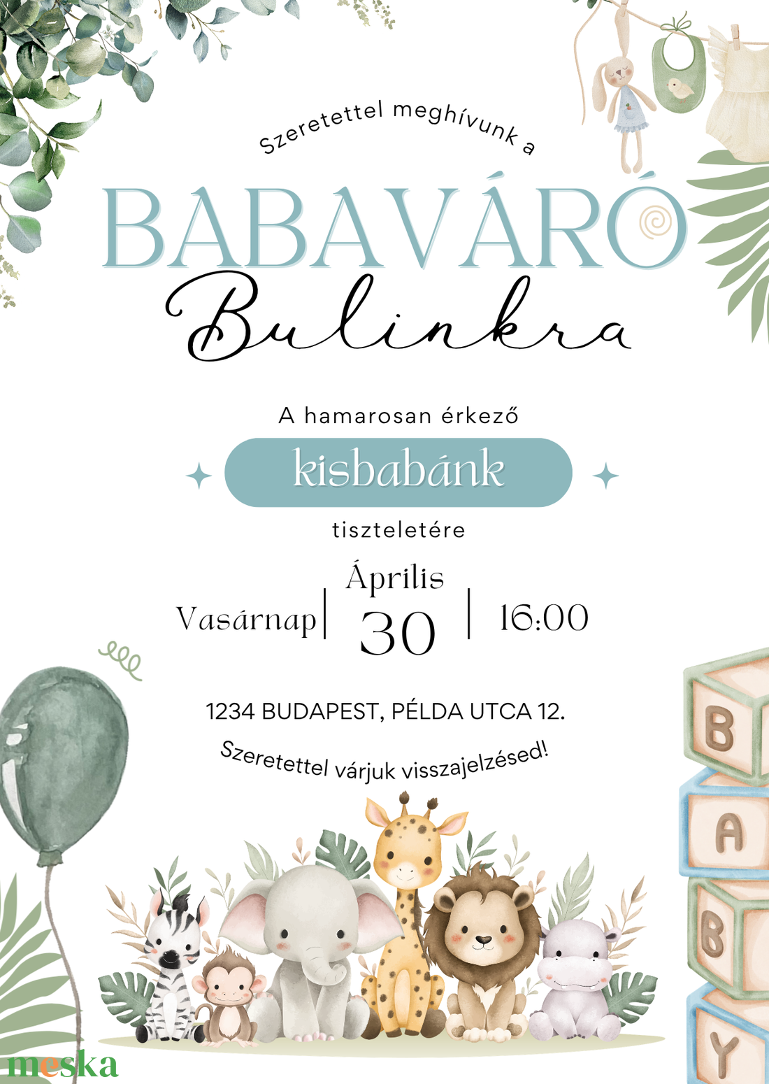 Cuki szafari állatkás Babaváró meghívó - Személyre szabott Gender Reveal meghívó borítékkal (Digitális vagy Nyomtatott) - baba - mama - babaemlékek - babaváró meghívó - Meska.hu