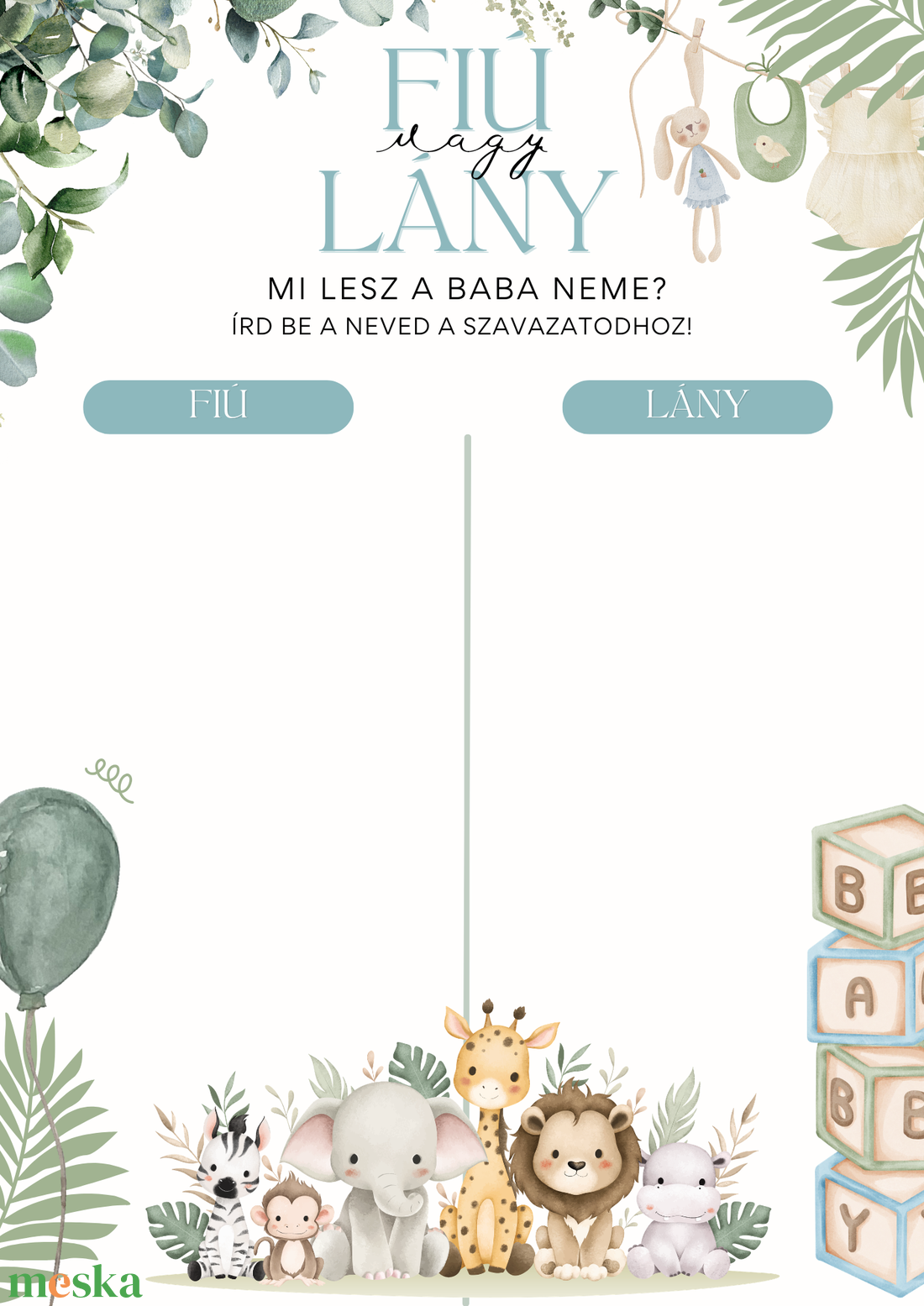 Cuki szafari állatkás Babaváró meghívó - Személyre szabott Gender Reveal meghívó borítékkal (Digitális vagy Nyomtatott) - baba - mama - babaemlékek - babaváró meghívó - Meska.hu
