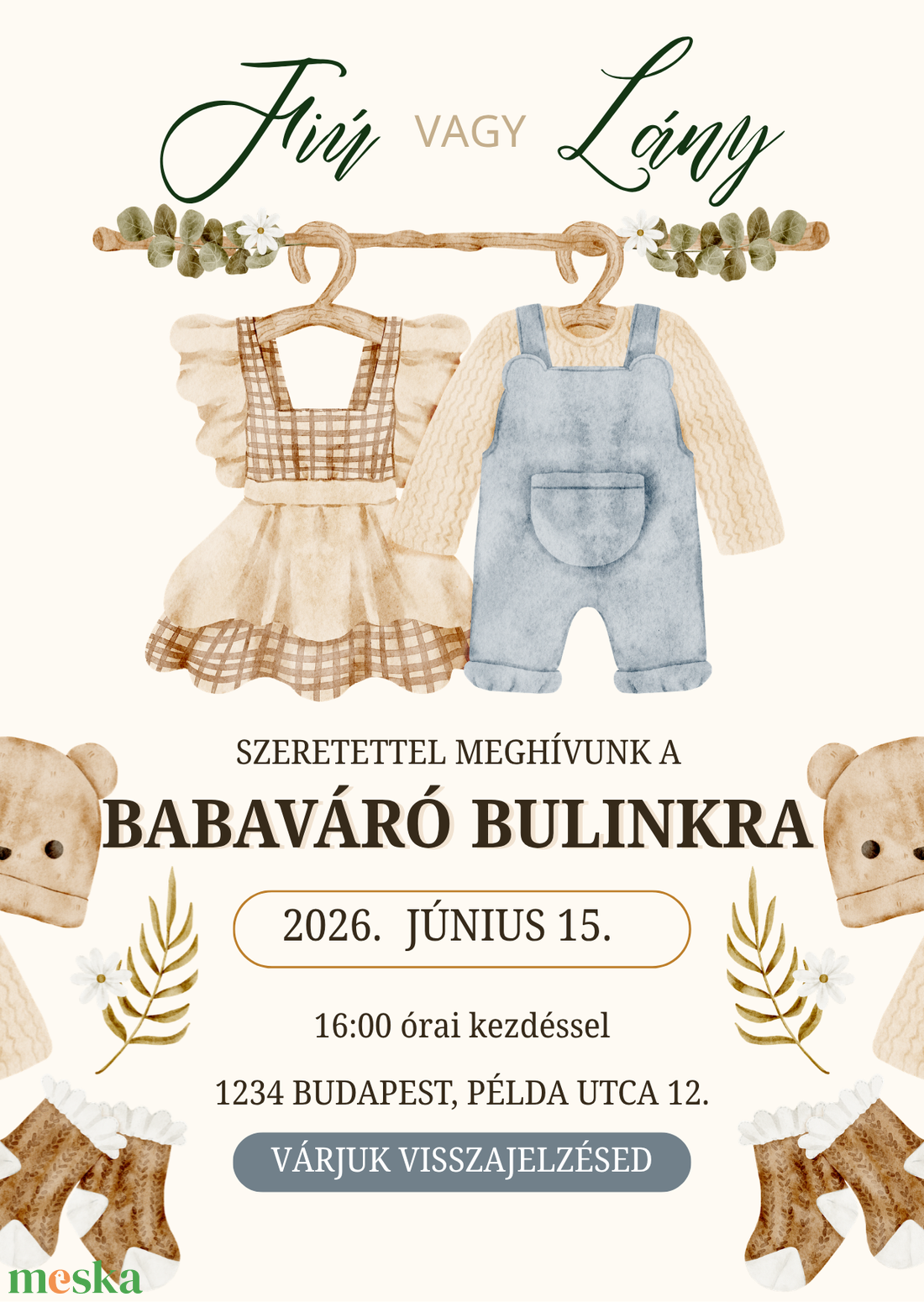 Cuki ruhás macis Babaváró meghívó - Személyre szabott Gender Reveal meghívó borítékkal (Digitális vagy Nyomtatott) - baba - mama - babaemlékek - babaváró meghívó - Meska.hu