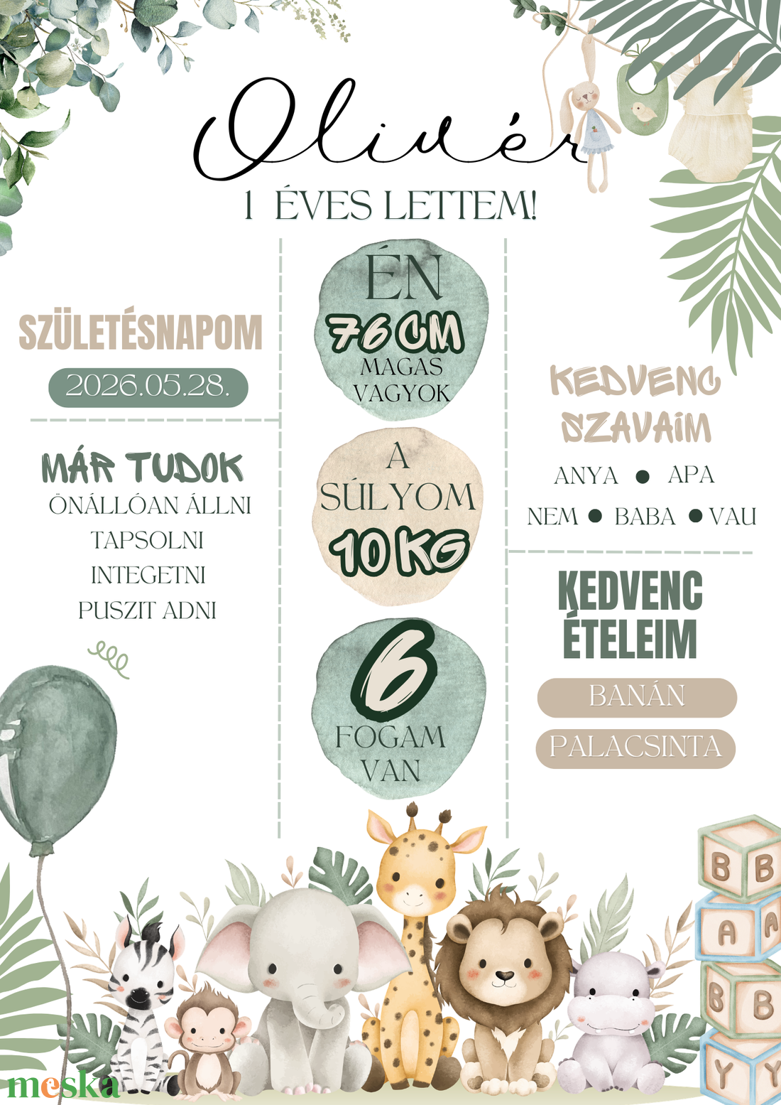 Cuki szafari állatkás Első Születésnapi Mérföldkő tábla - 1 éves szülinapi poszter (Digitális vagy Nyomtatott) - baba - mama - babafotózás - baba mérföldkő kártyák - Meska.hu