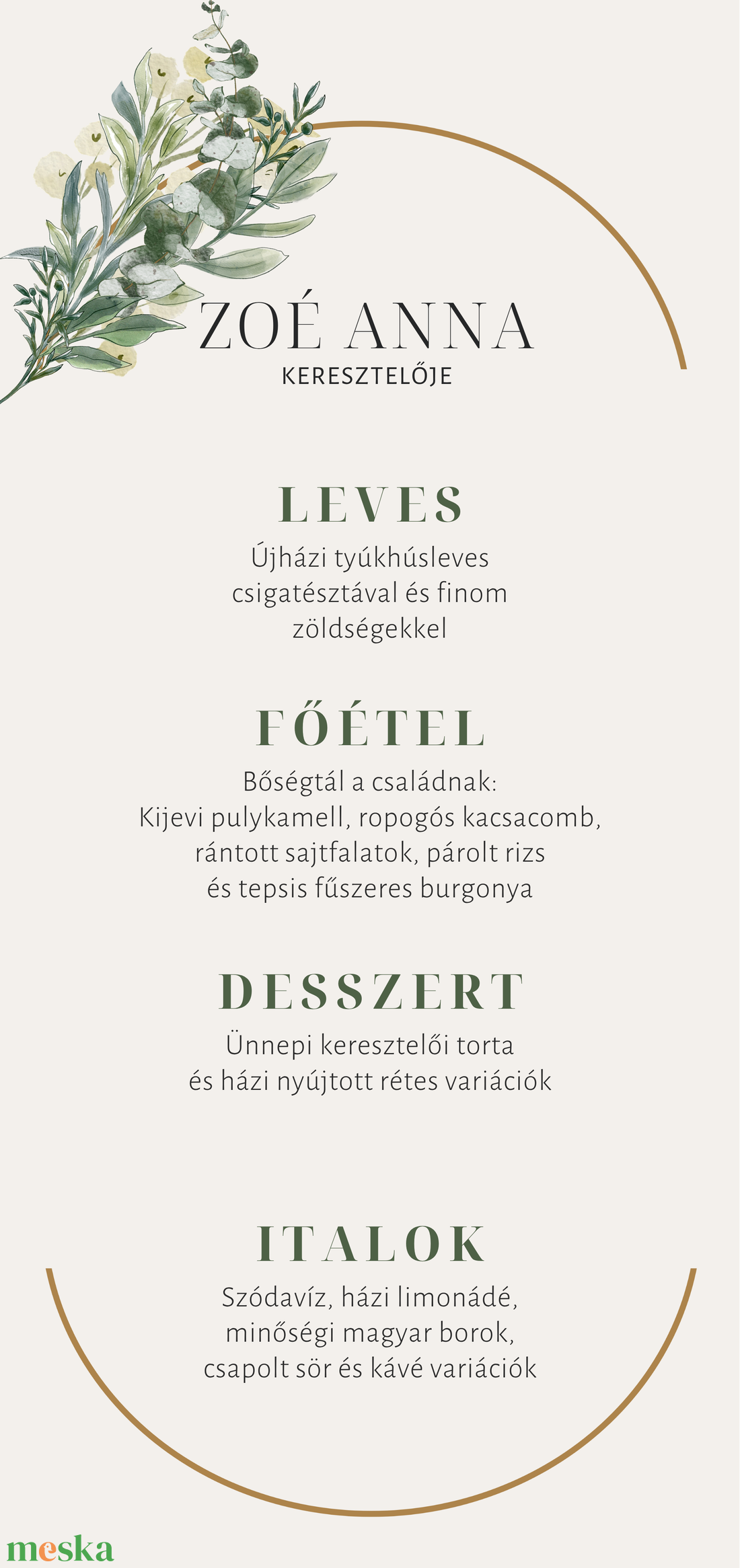 Elegáns Kislányos Keresztelő Menükártya � Szerkeszthető Asztali Menüsor Arany Íves (02) - művészet - grafika & illusztráció - digitális - Meska.hu