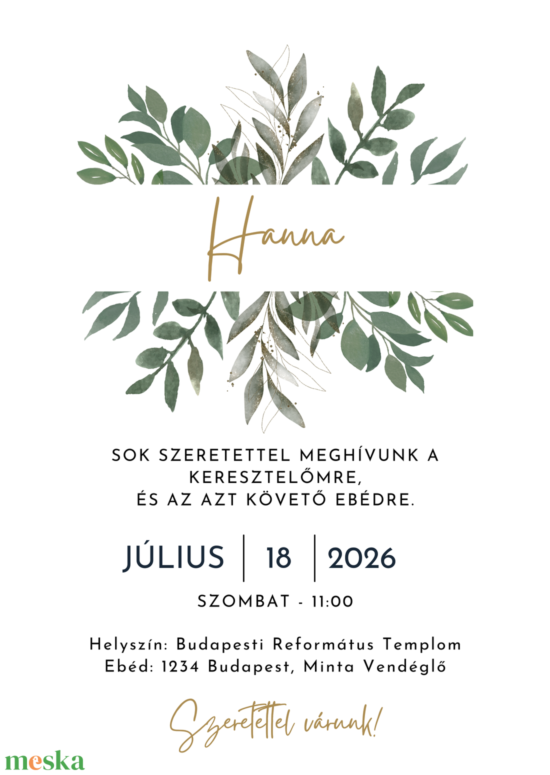 Elegáns Keresztelő Meghívó � Szerkeszthető Kislányos Vadvirágos Greenery Meghívó Kártya - baba - mama - keresztelő kellékek - keresztelő meghívó - Meska.hu